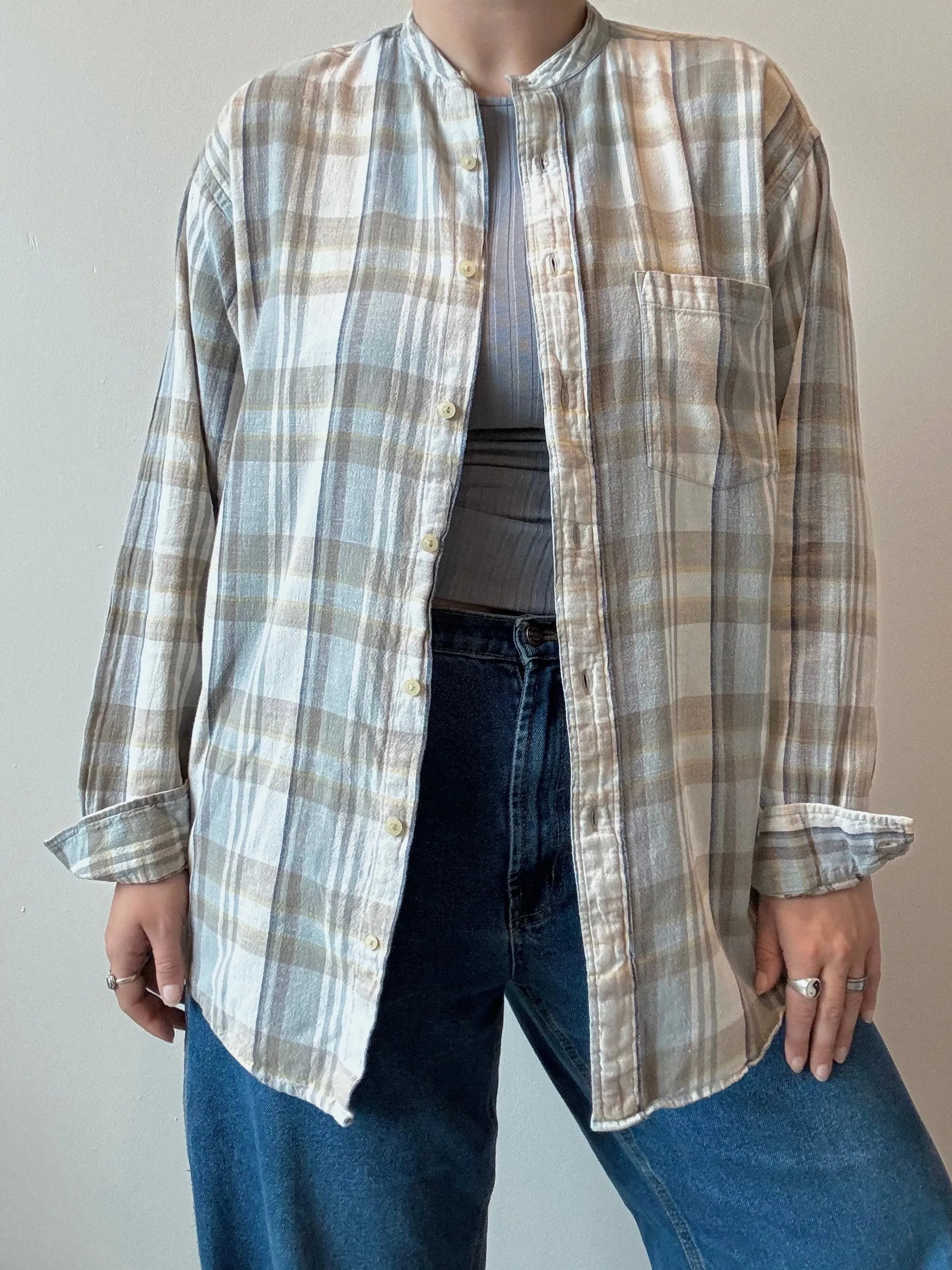 90s Vintage Muted Plaid Grandad Collar Cotton Shirt (M)