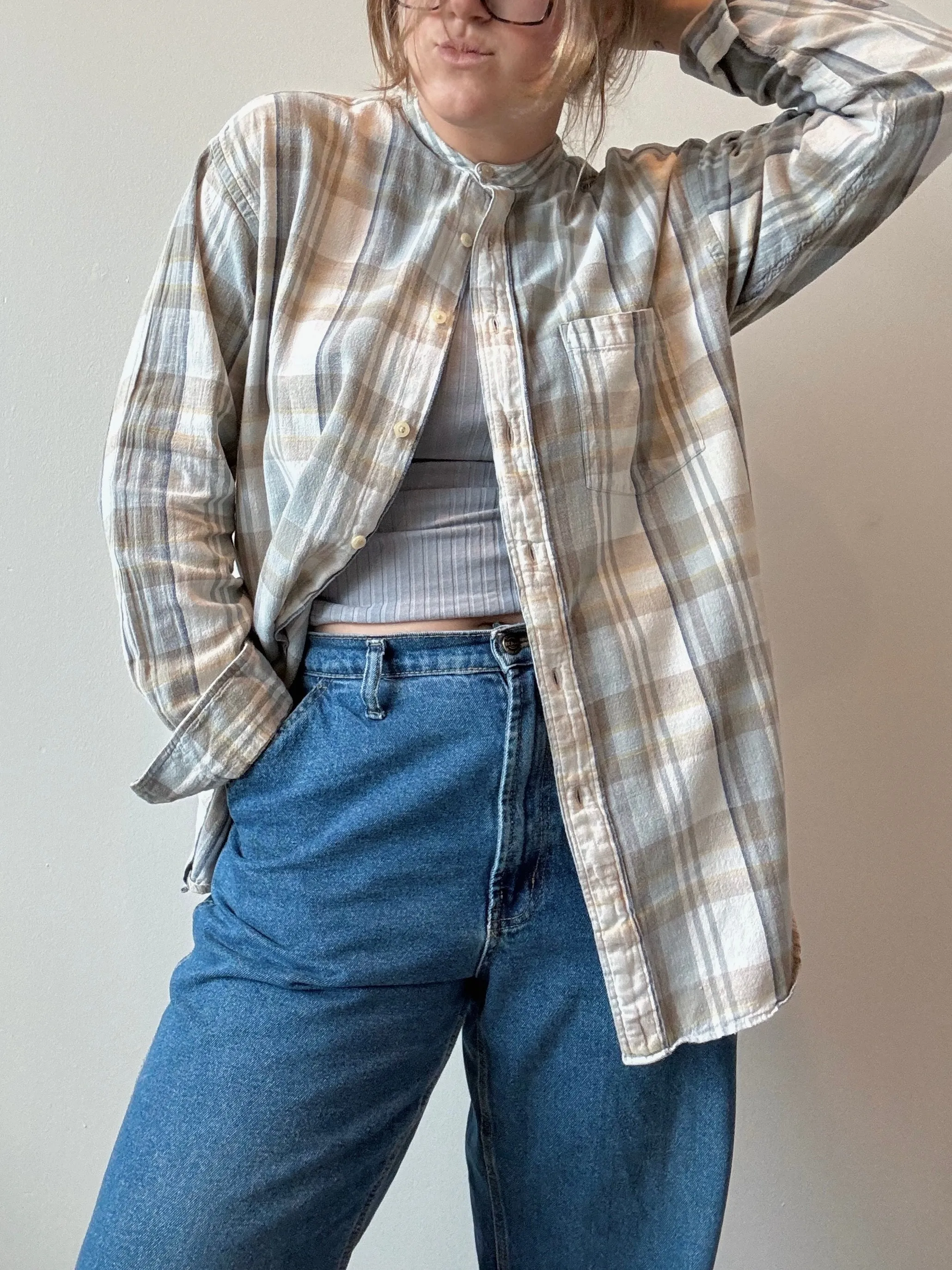 90s Vintage Muted Plaid Grandad Collar Cotton Shirt (M)