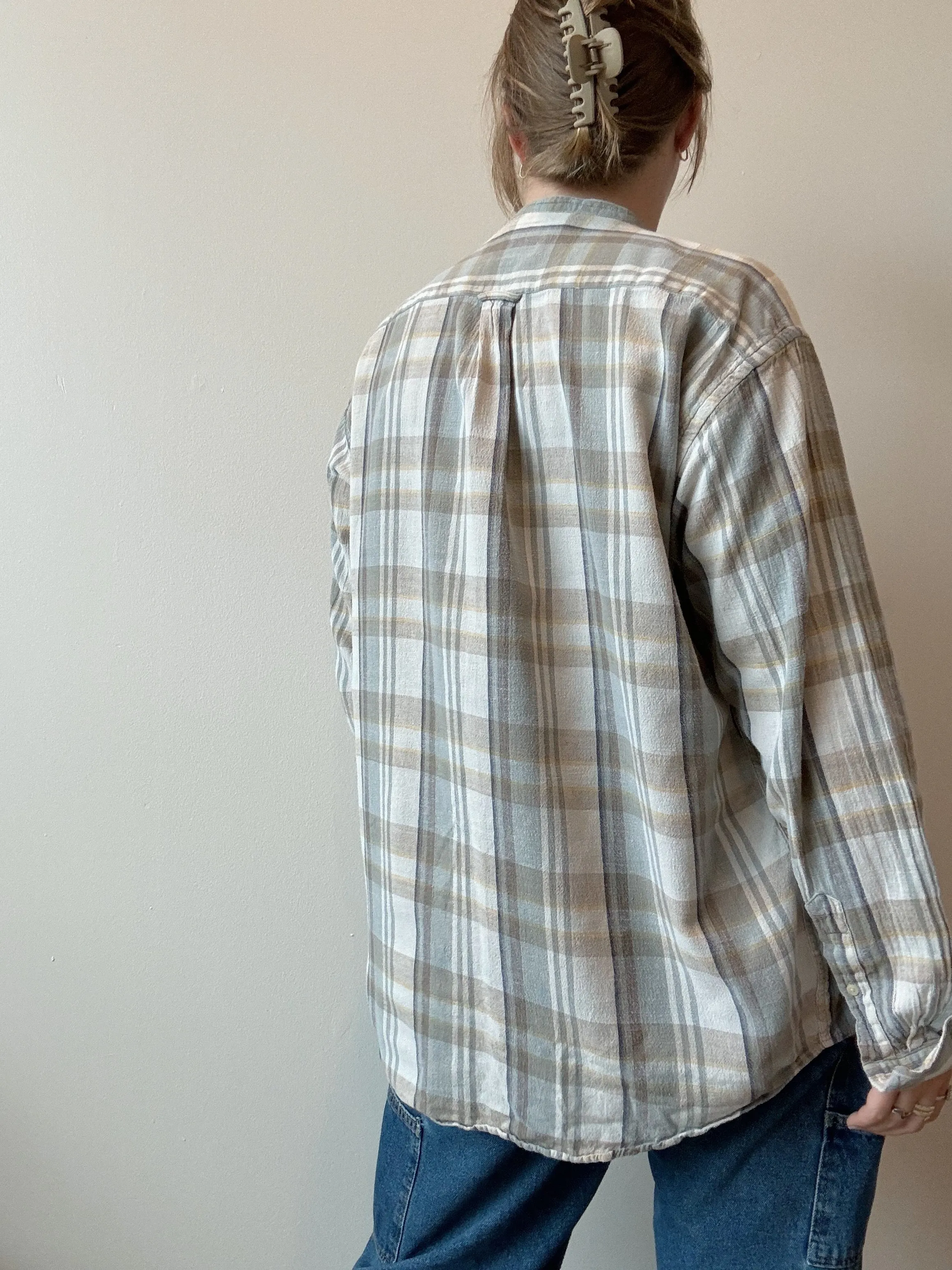 90s Vintage Muted Plaid Grandad Collar Cotton Shirt (M)