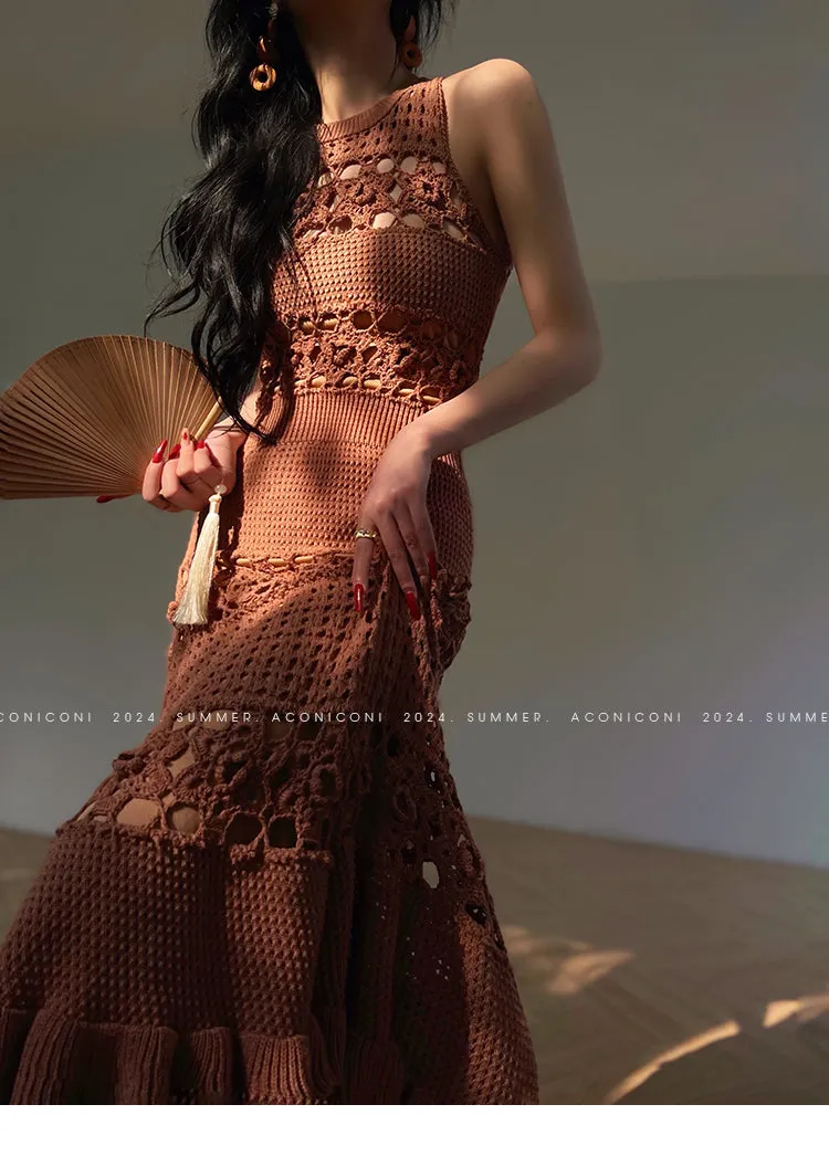 Aconiconi Elegant Brown Sleeveless 100% cotton Crochet Knitted Long midi Dress - Alice Dream