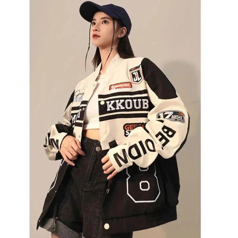 American Retro Detachable Motorcycle Baseball Jacket Womens  Street Hip Hop Trend Wild Jacket Couple Casual Loose Jacket Top