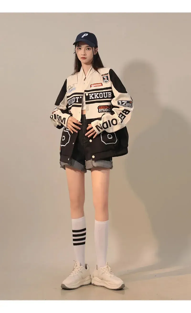 American Retro Detachable Motorcycle Baseball Jacket Womens  Street Hip Hop Trend Wild Jacket Couple Casual Loose Jacket Top
