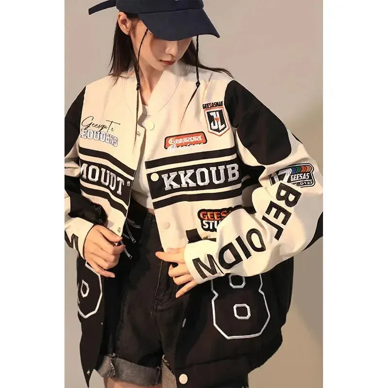 American Retro Detachable Motorcycle Baseball Jacket Womens  Street Hip Hop Trend Wild Jacket Couple Casual Loose Jacket Top
