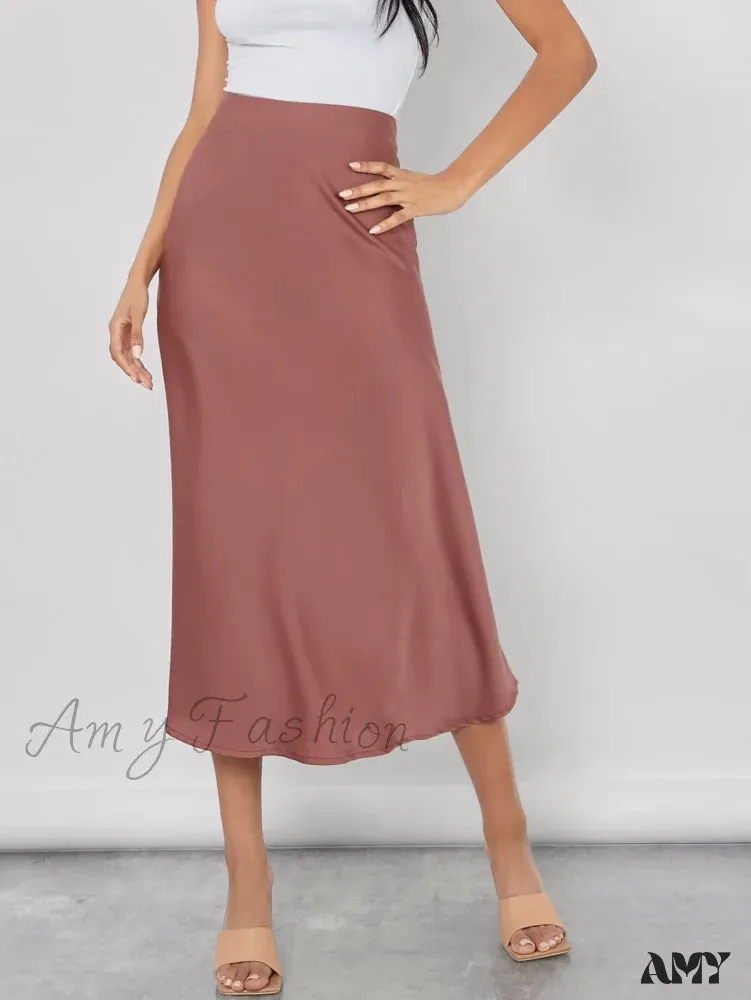 Amy Fashion - Solid High Waist Satin Skirt Workwear