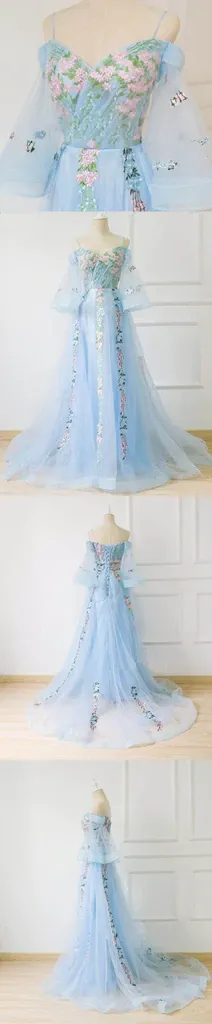 Anneprom Chic A line Off the shoulder Light Blue Prom Dress With Floral Prom Dresses Long Evening Dress APP0571