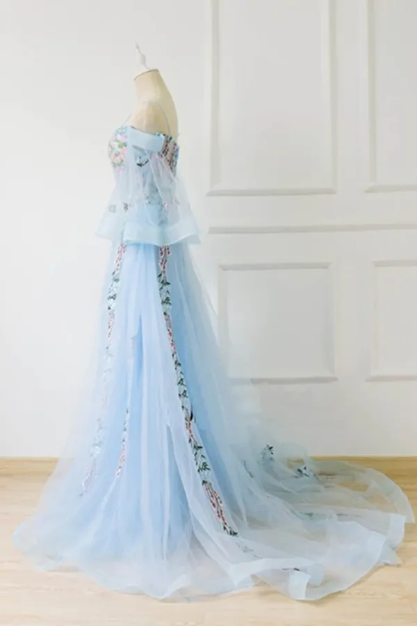Anneprom Chic A line Off the shoulder Light Blue Prom Dress With Floral Prom Dresses Long Evening Dress APP0571