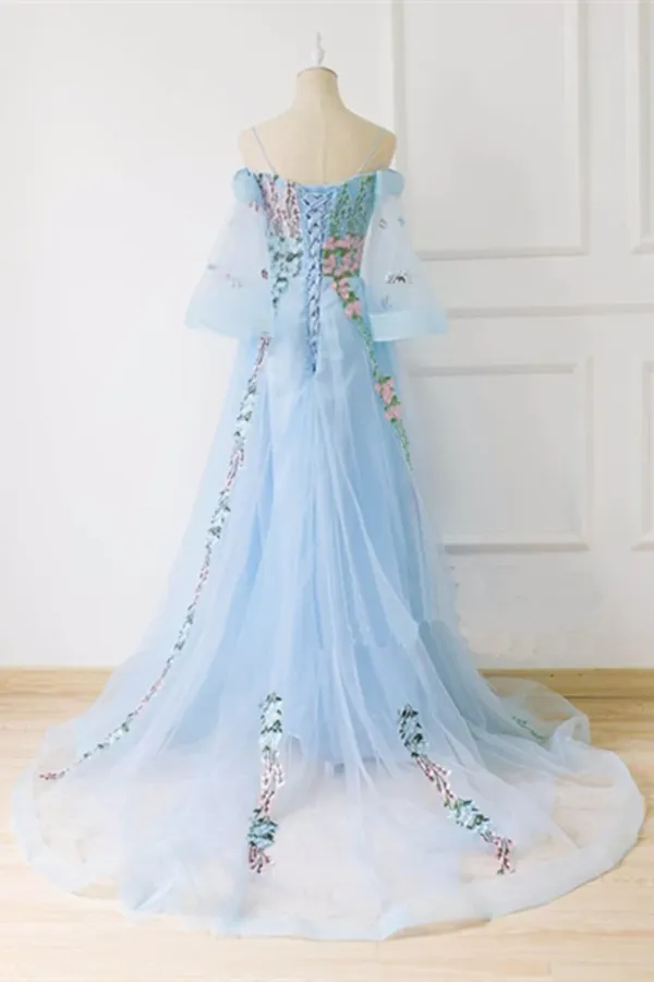 Anneprom Chic A line Off the shoulder Light Blue Prom Dress With Floral Prom Dresses Long Evening Dress APP0571