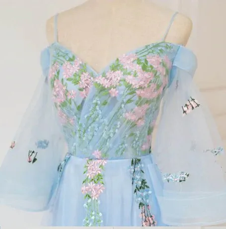 Anneprom Chic A line Off the shoulder Light Blue Prom Dress With Floral Prom Dresses Long Evening Dress APP0571