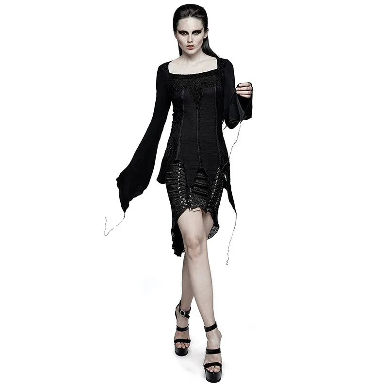 Asymmetric Hem Square Collar Feminine Gothic T-shirts