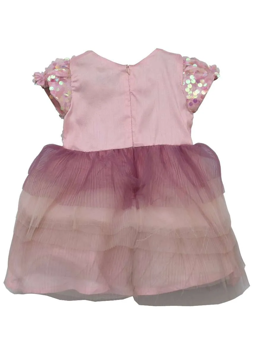 Baby Pink Dress With Pleated Net Frill And Sequins Bodice By Fayon Kids
