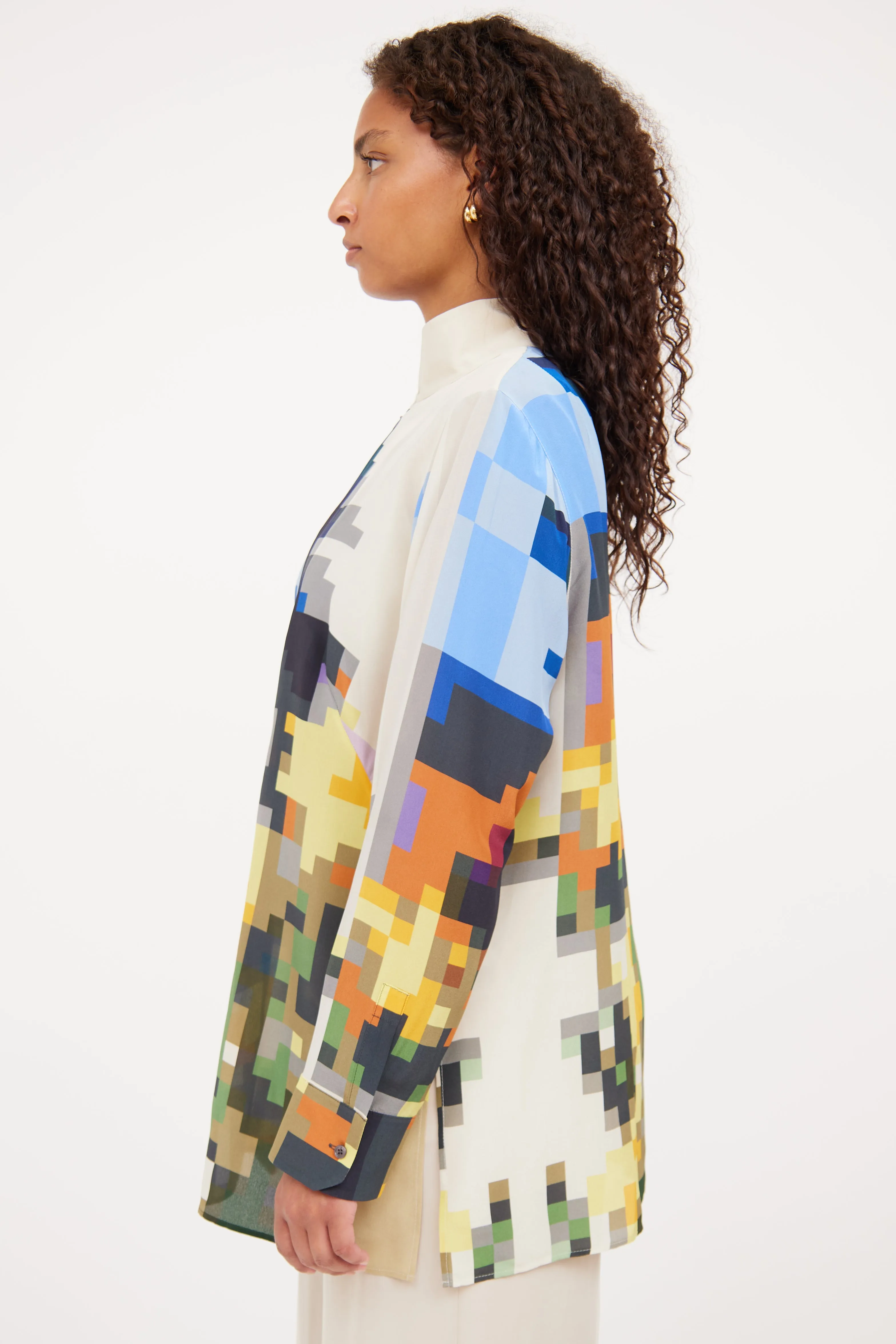 Beige & Multi Zip Silk Print Top