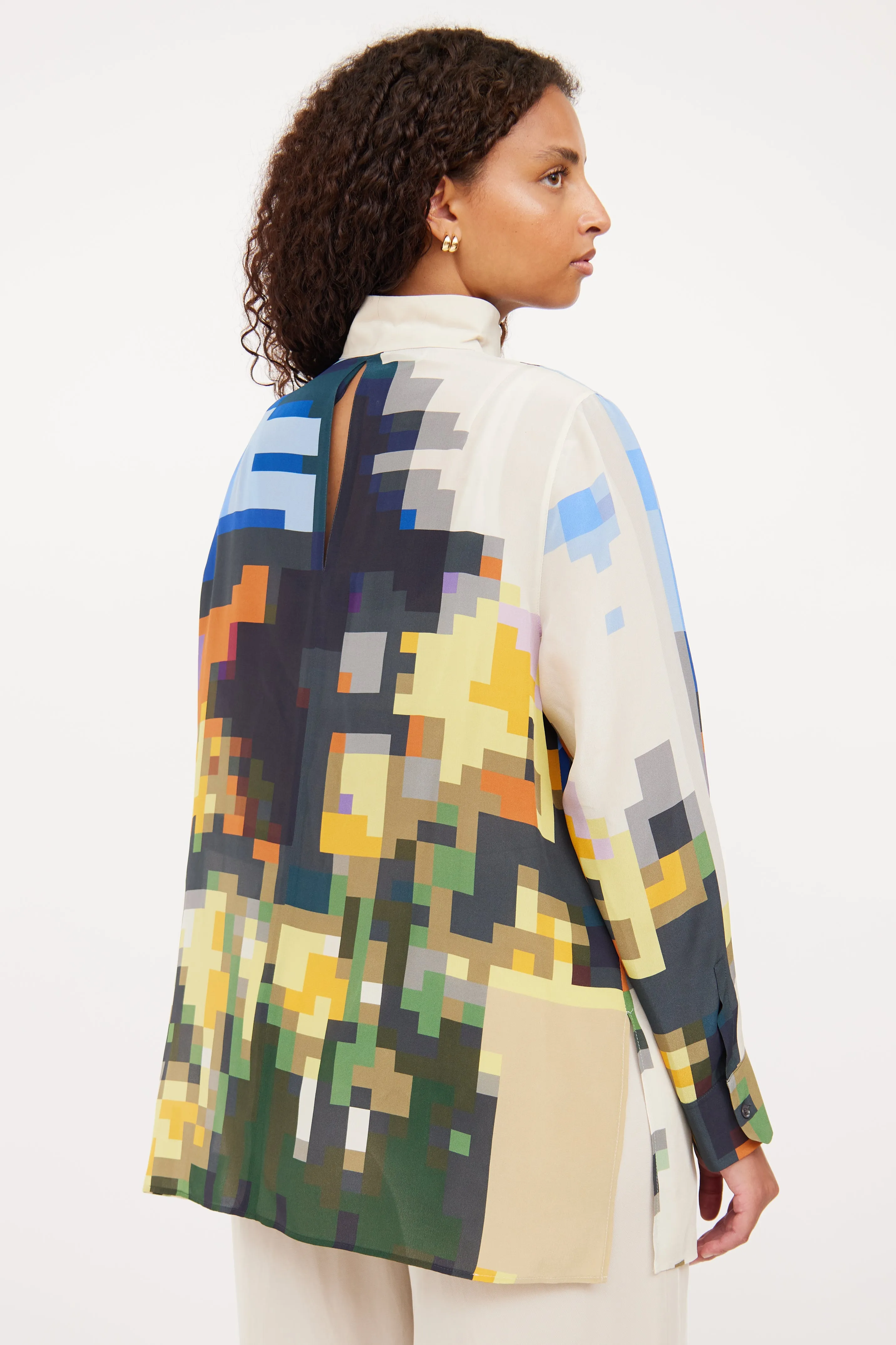 Beige & Multi Zip Silk Print Top
