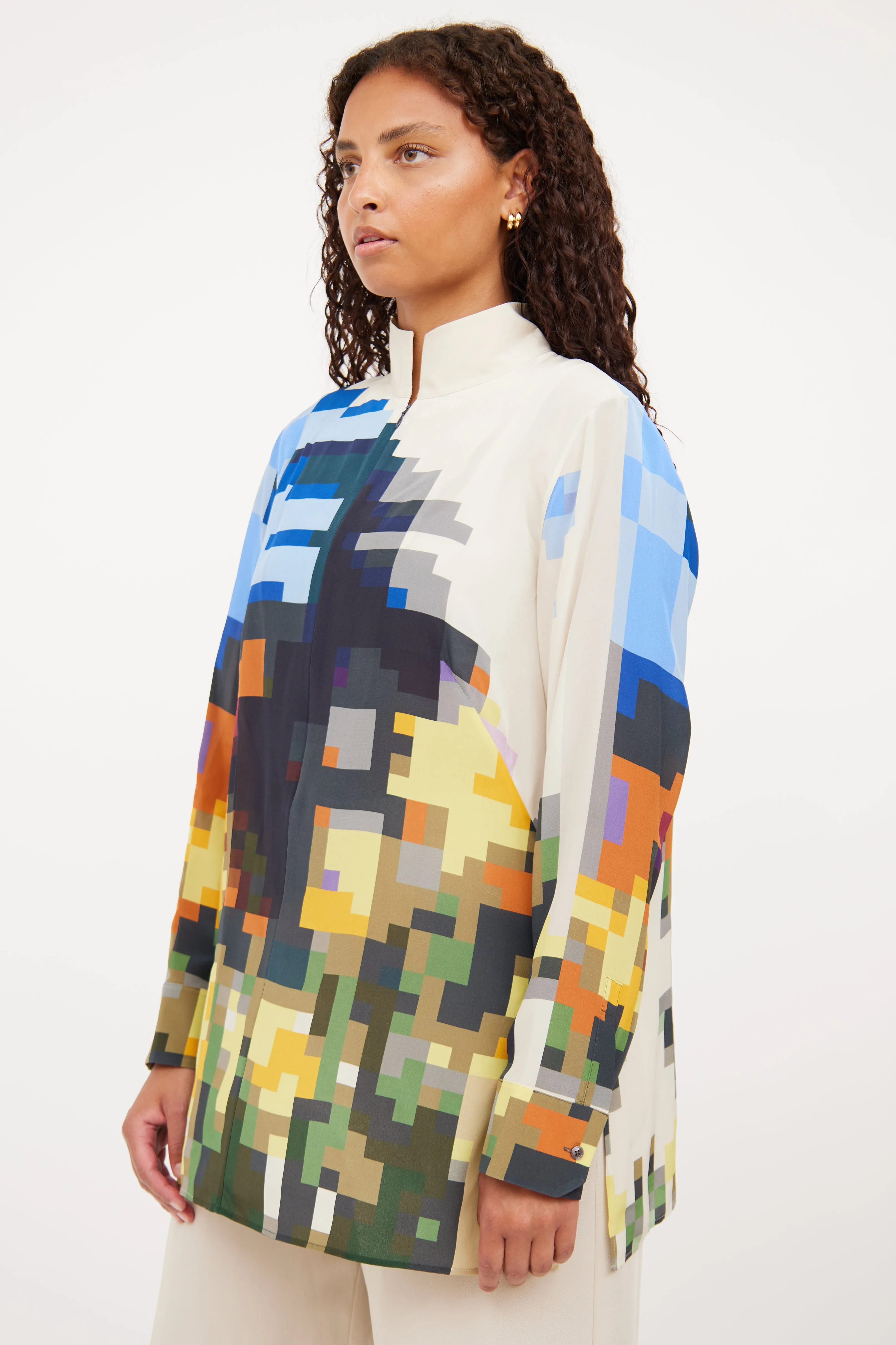 Beige & Multi Zip Silk Print Top