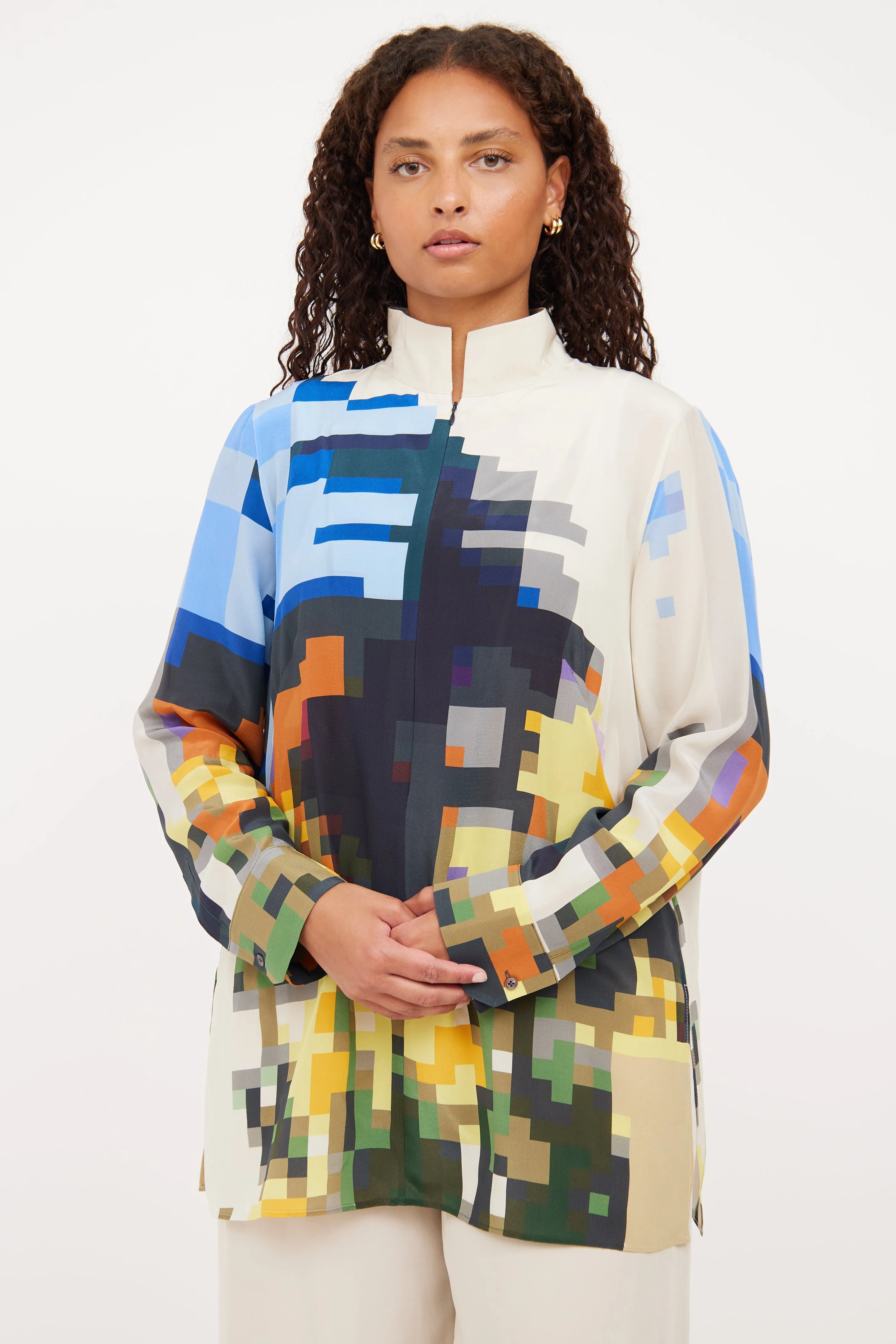 Beige & Multi Zip Silk Print Top