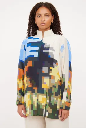 Beige & Multi Zip Silk Print Top