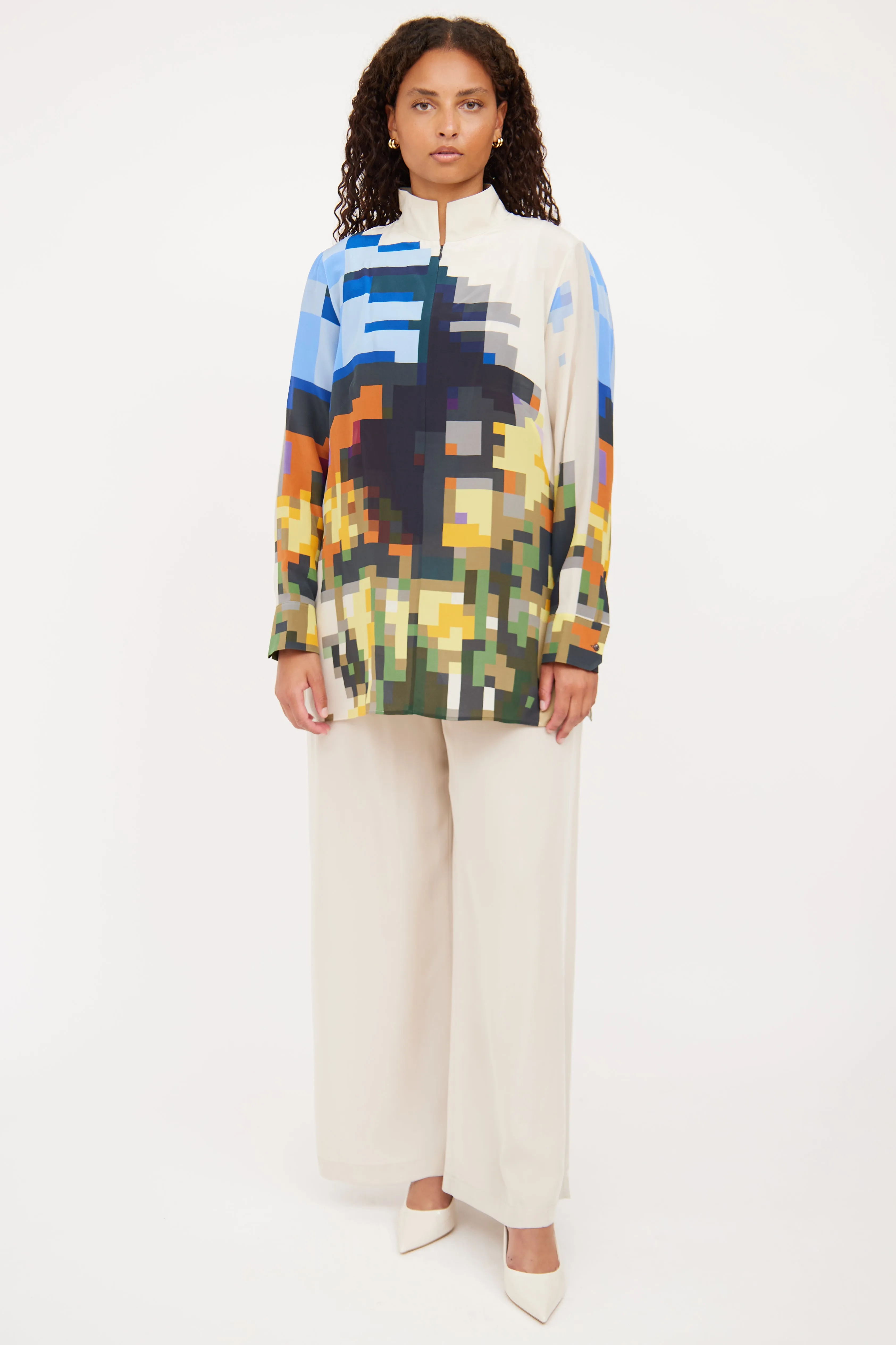 Beige & Multi Zip Silk Print Top