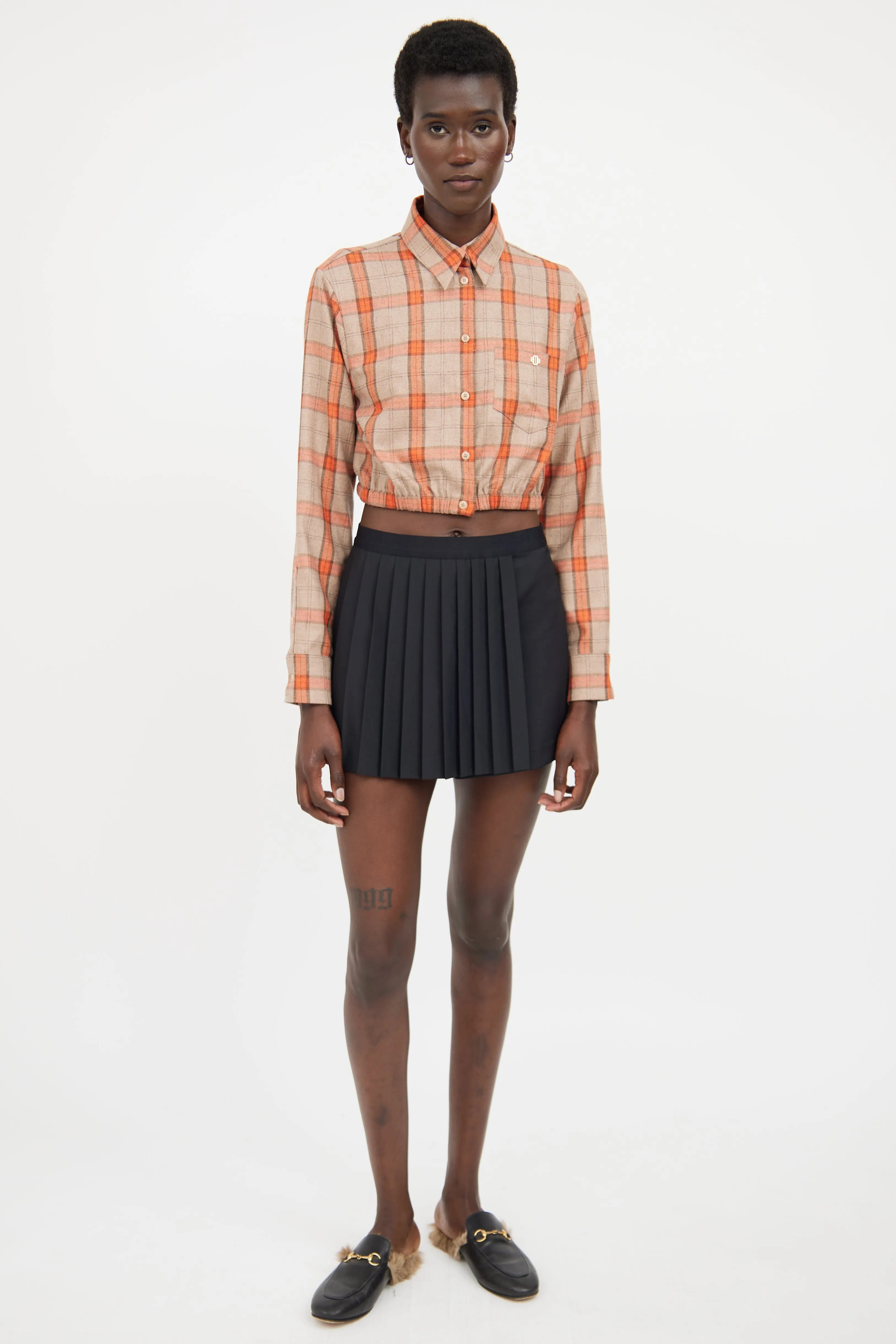 Beige & Orange Plaid Cropped Shirt