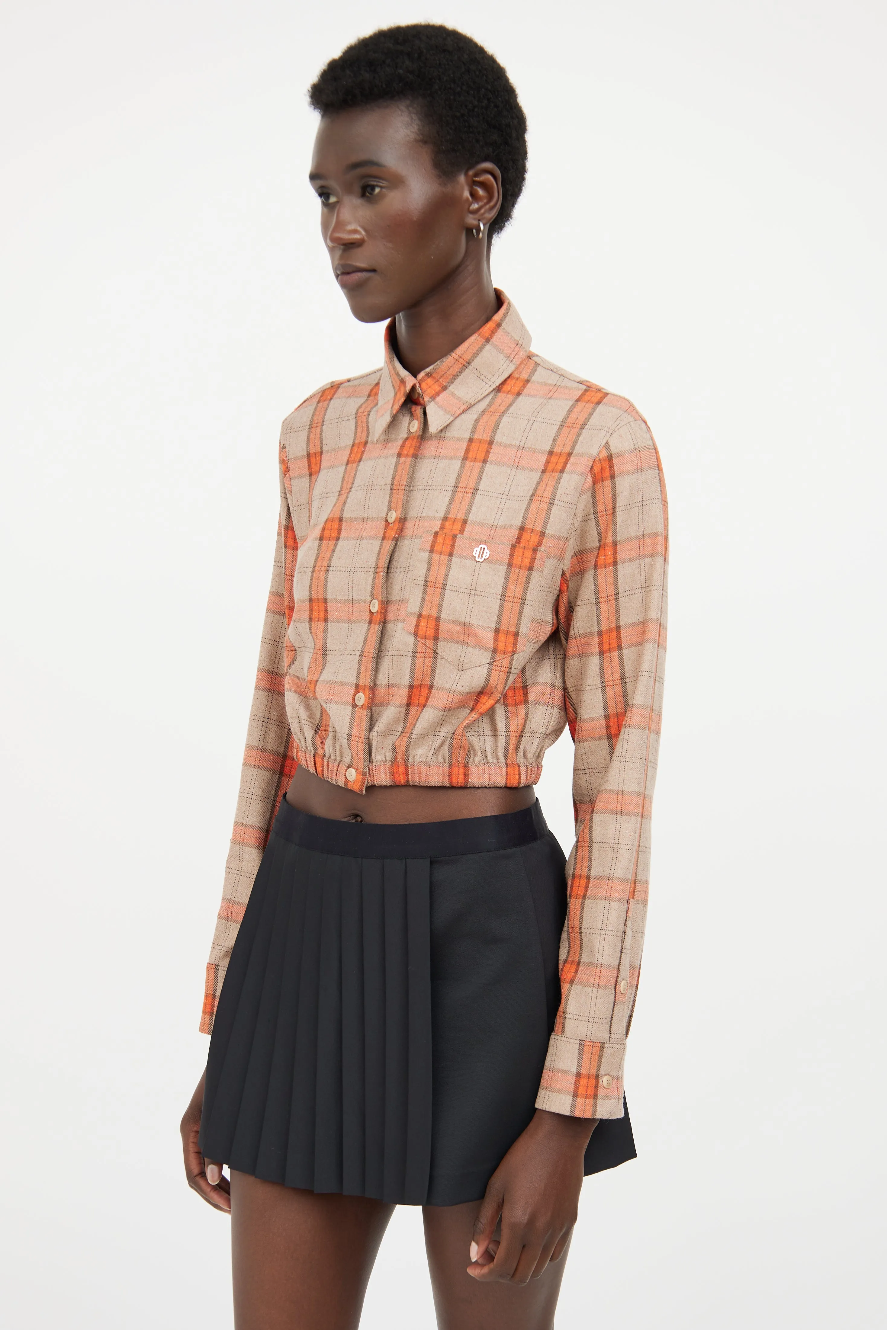 Beige & Orange Plaid Cropped Shirt