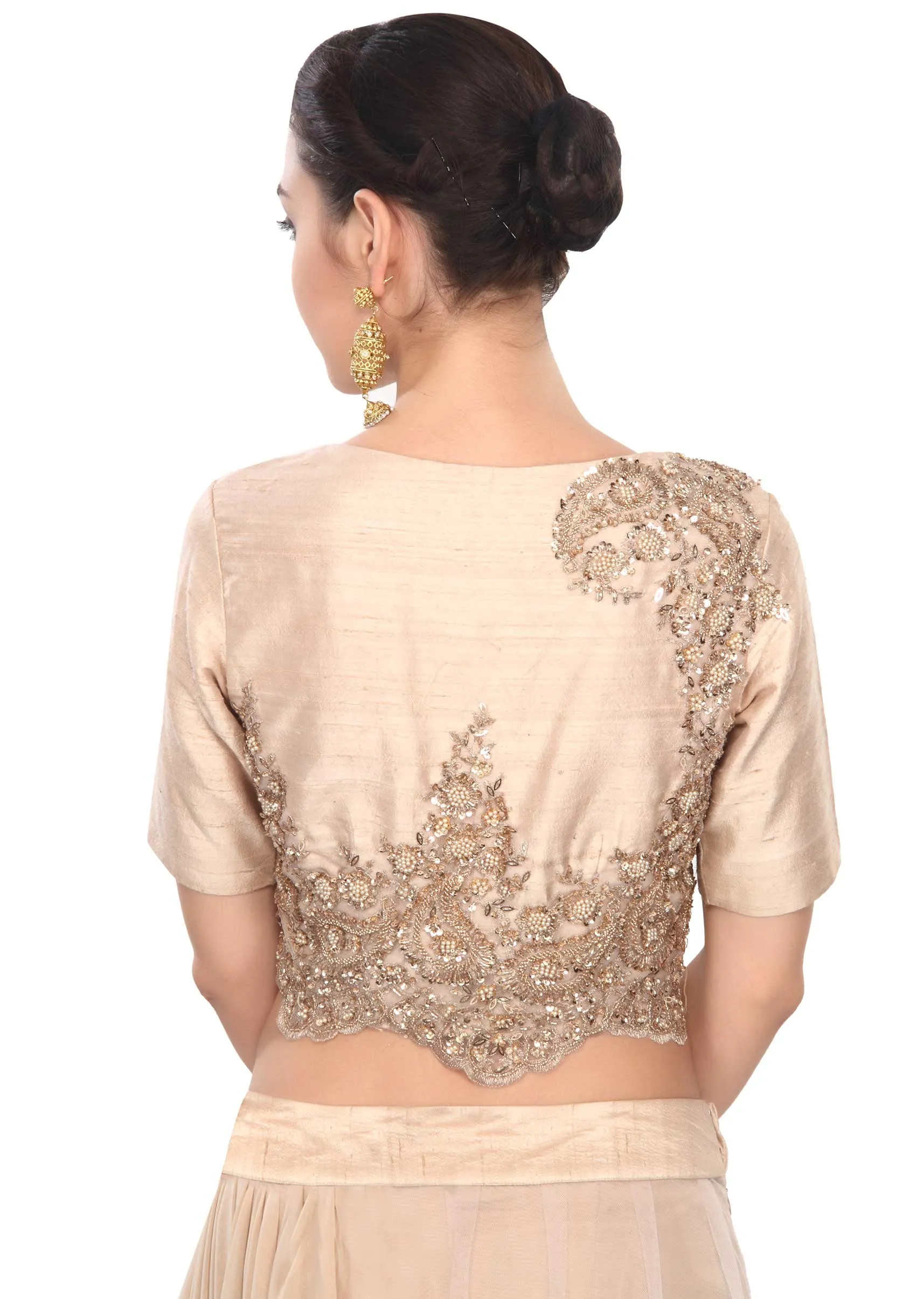 Beige saree gown adorn in pearl and sequin embroidery only on Kalki