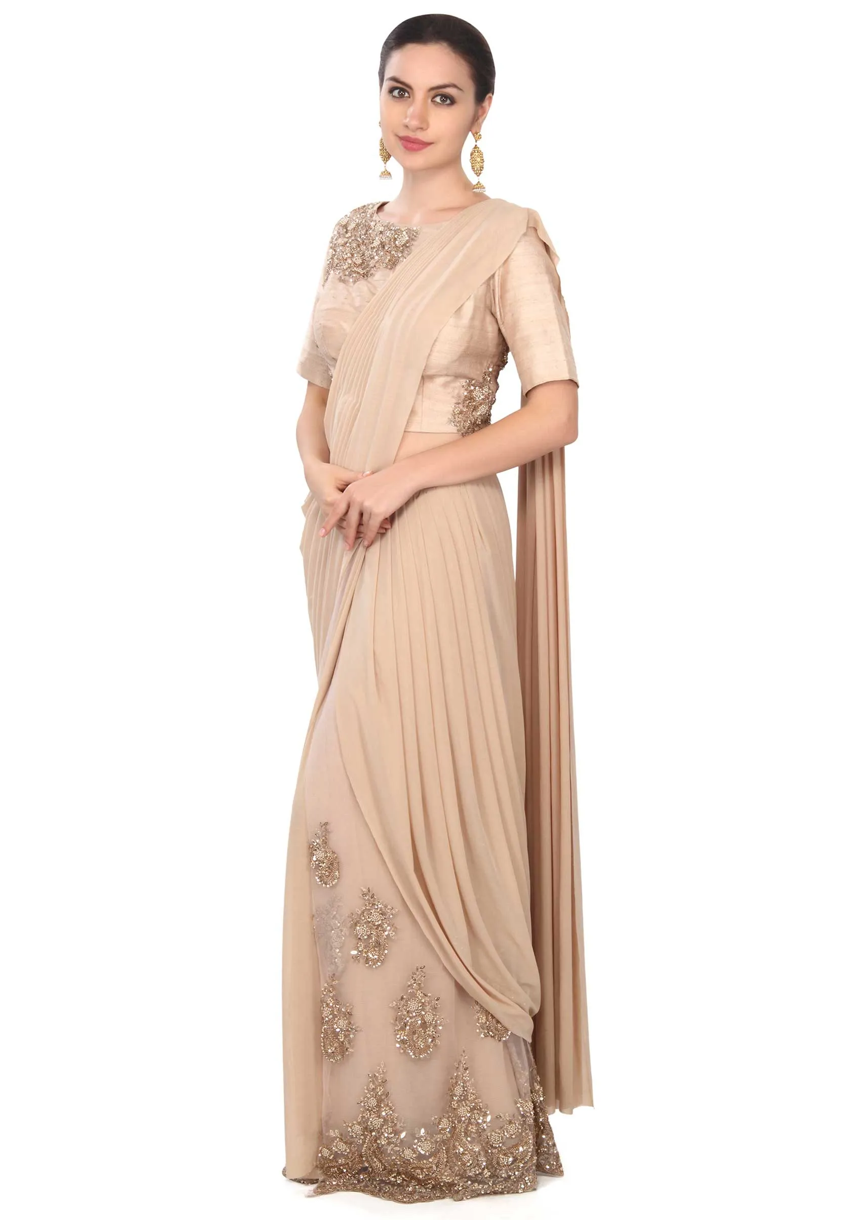 Beige saree gown adorn in pearl and sequin embroidery only on Kalki