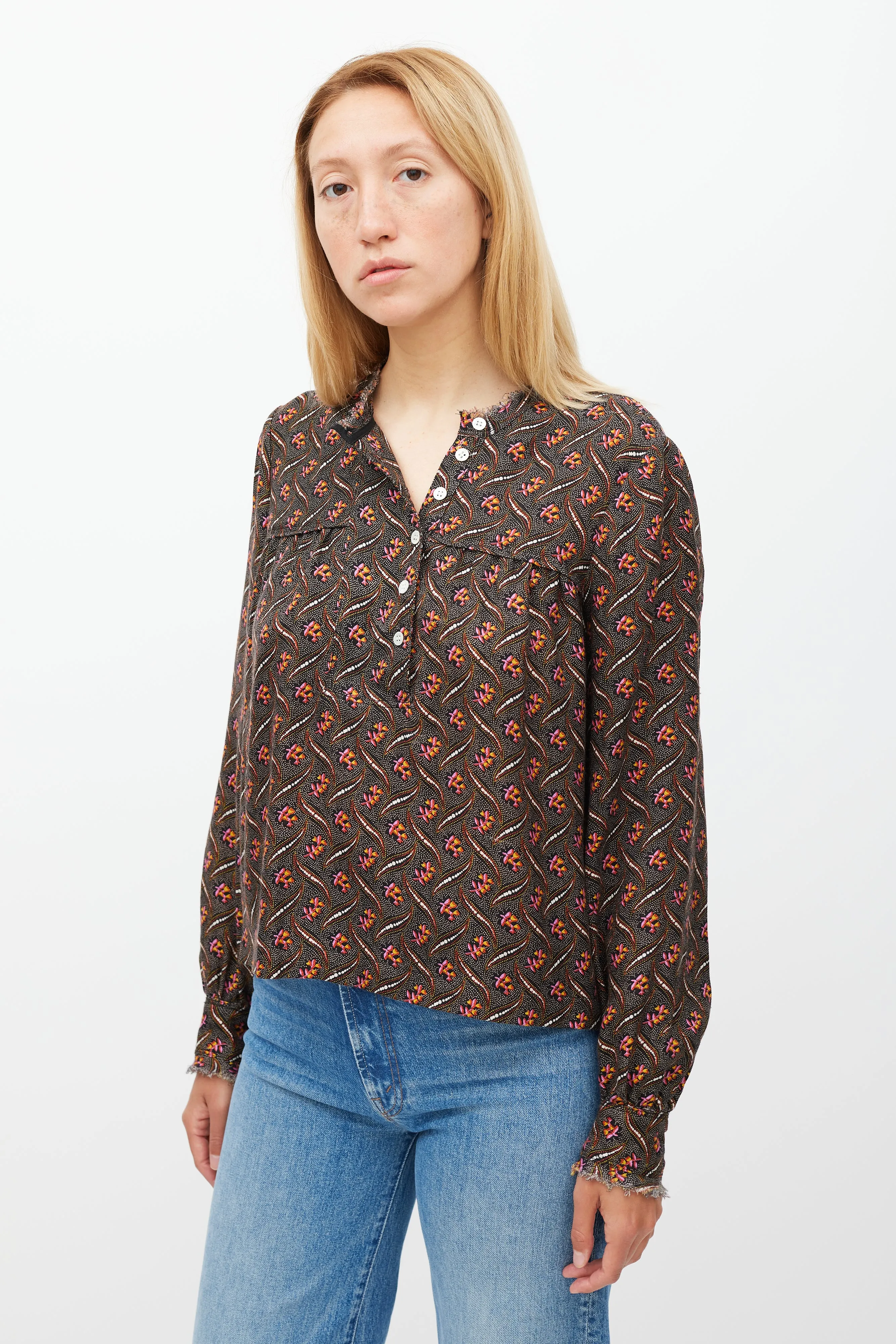 Black & Multicolour Floral Dot Printed Top