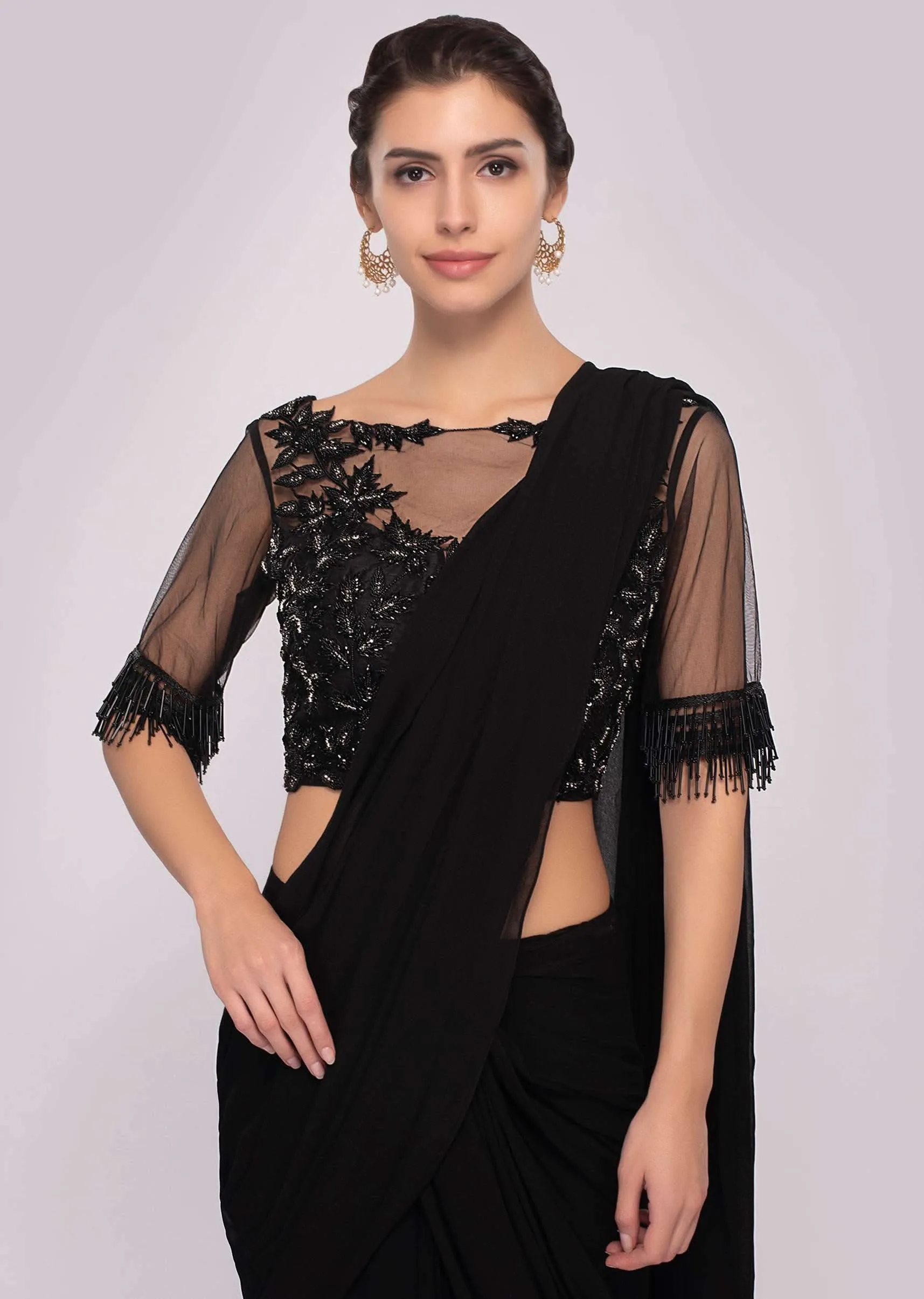 Black Ready Pleated Saree In Georgette With Cut Dana Embroiderd Net Blouse Online - Kalki Fashion