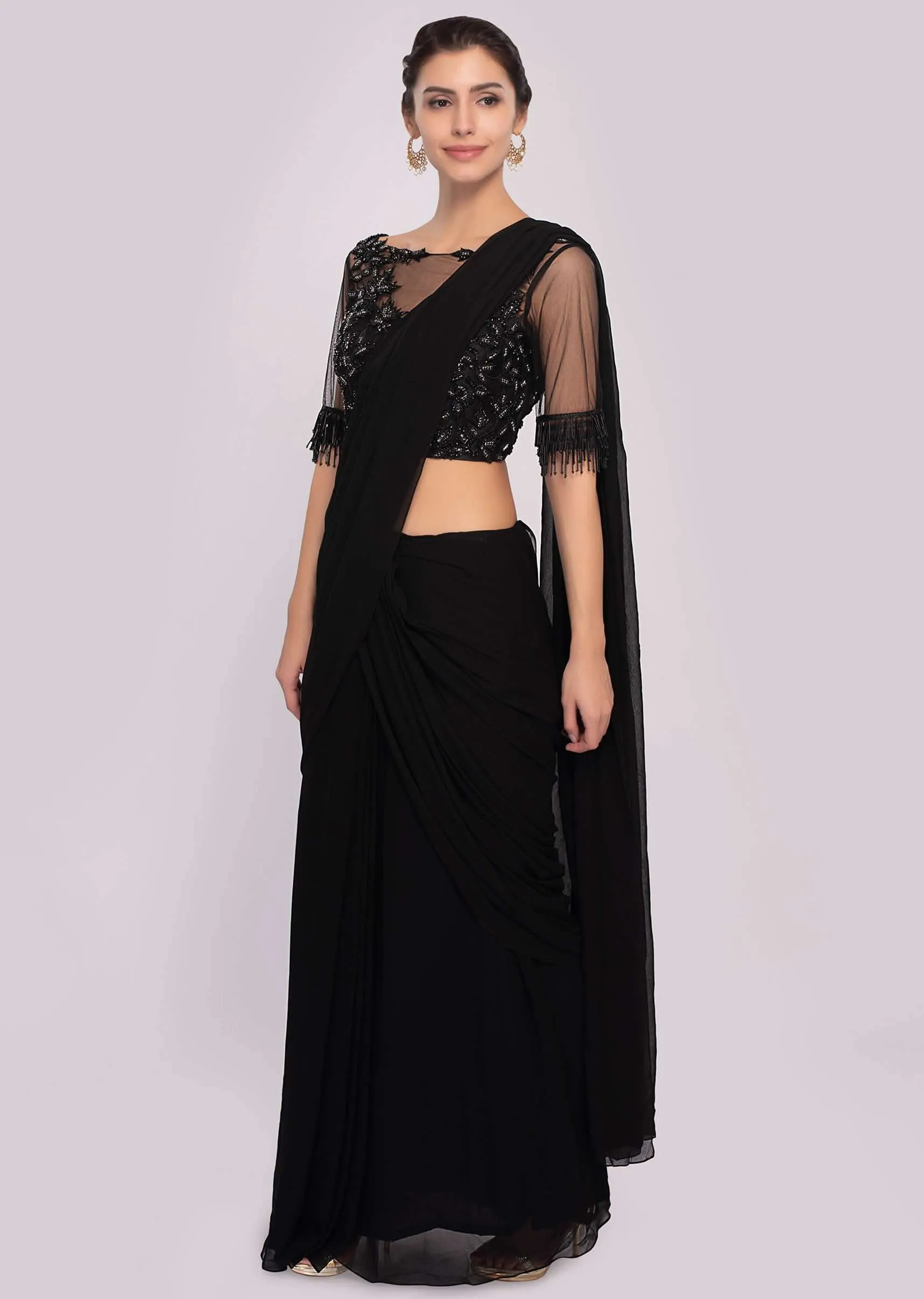 Black Ready Pleated Saree In Georgette With Cut Dana Embroiderd Net Blouse Online - Kalki Fashion