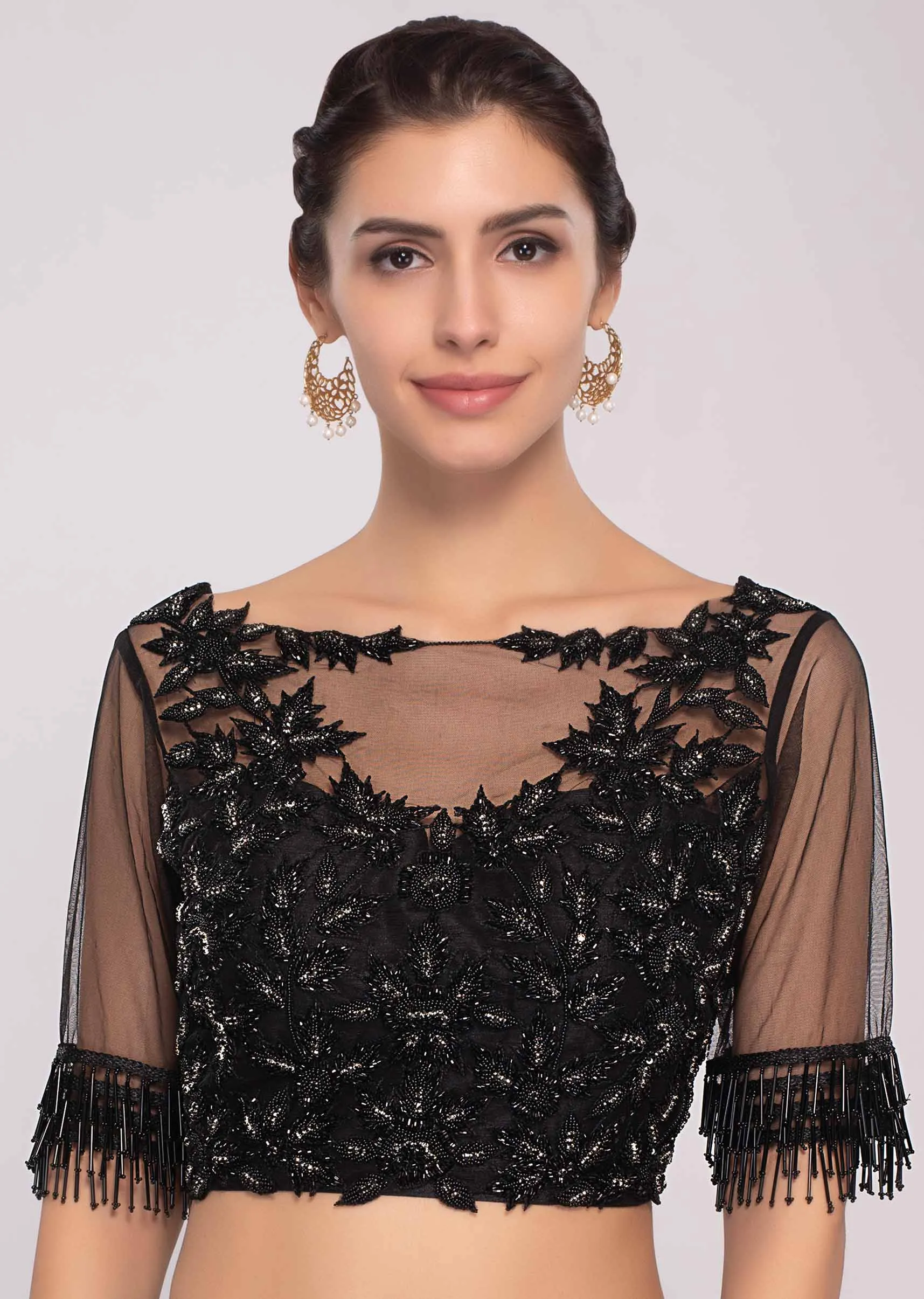 Black Ready Pleated Saree In Georgette With Cut Dana Embroiderd Net Blouse Online - Kalki Fashion