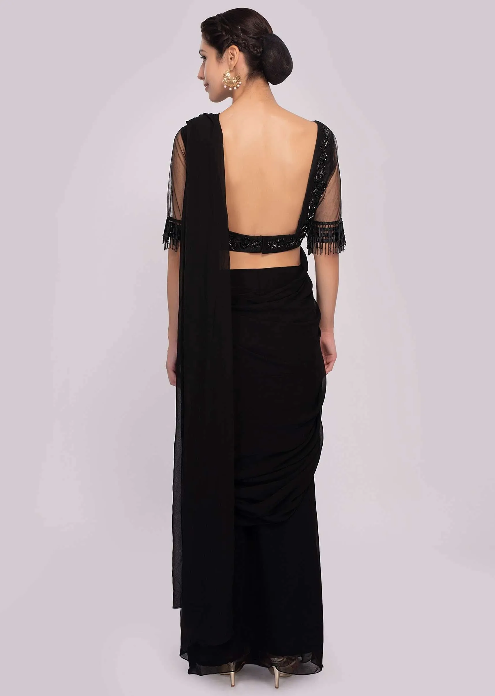 Black Ready Pleated Saree In Georgette With Cut Dana Embroiderd Net Blouse Online - Kalki Fashion