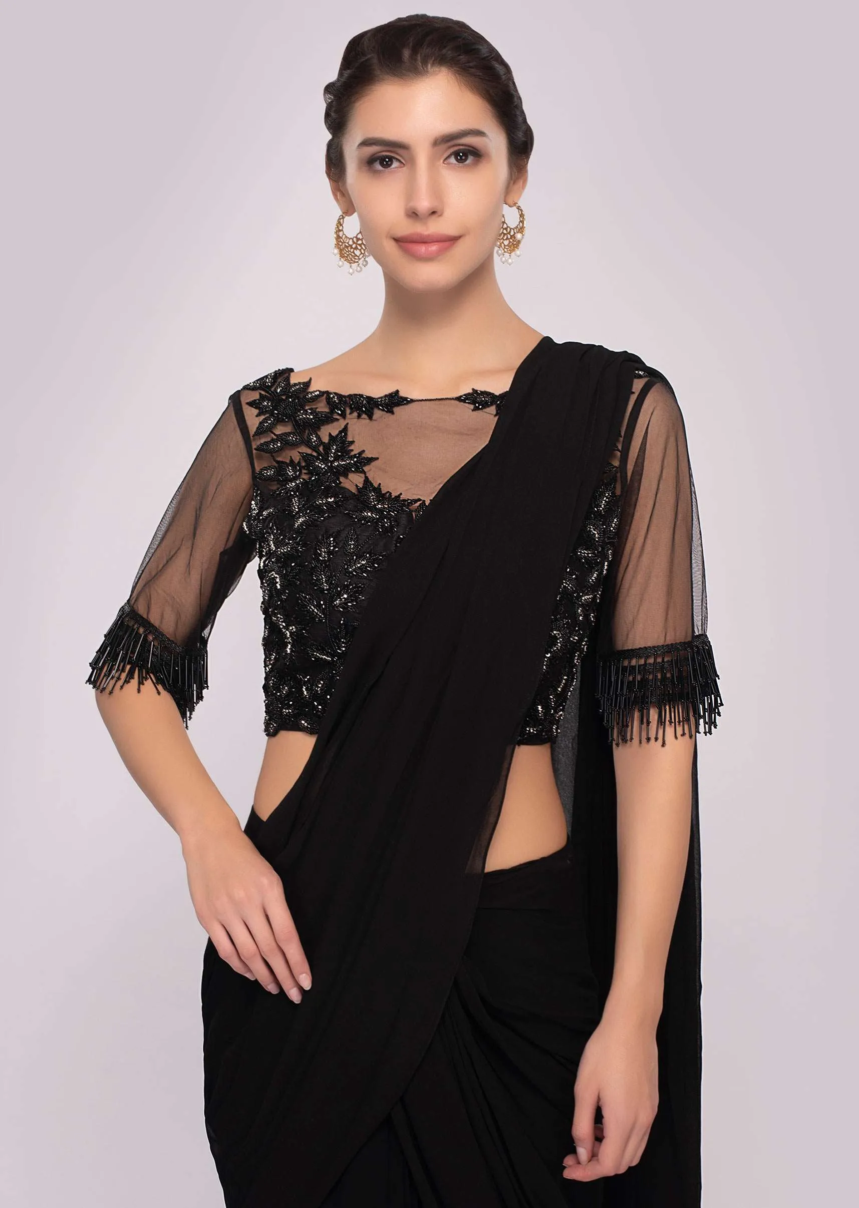 Black Ready Pleated Saree In Georgette With Cut Dana Embroiderd Net Blouse Online - Kalki Fashion