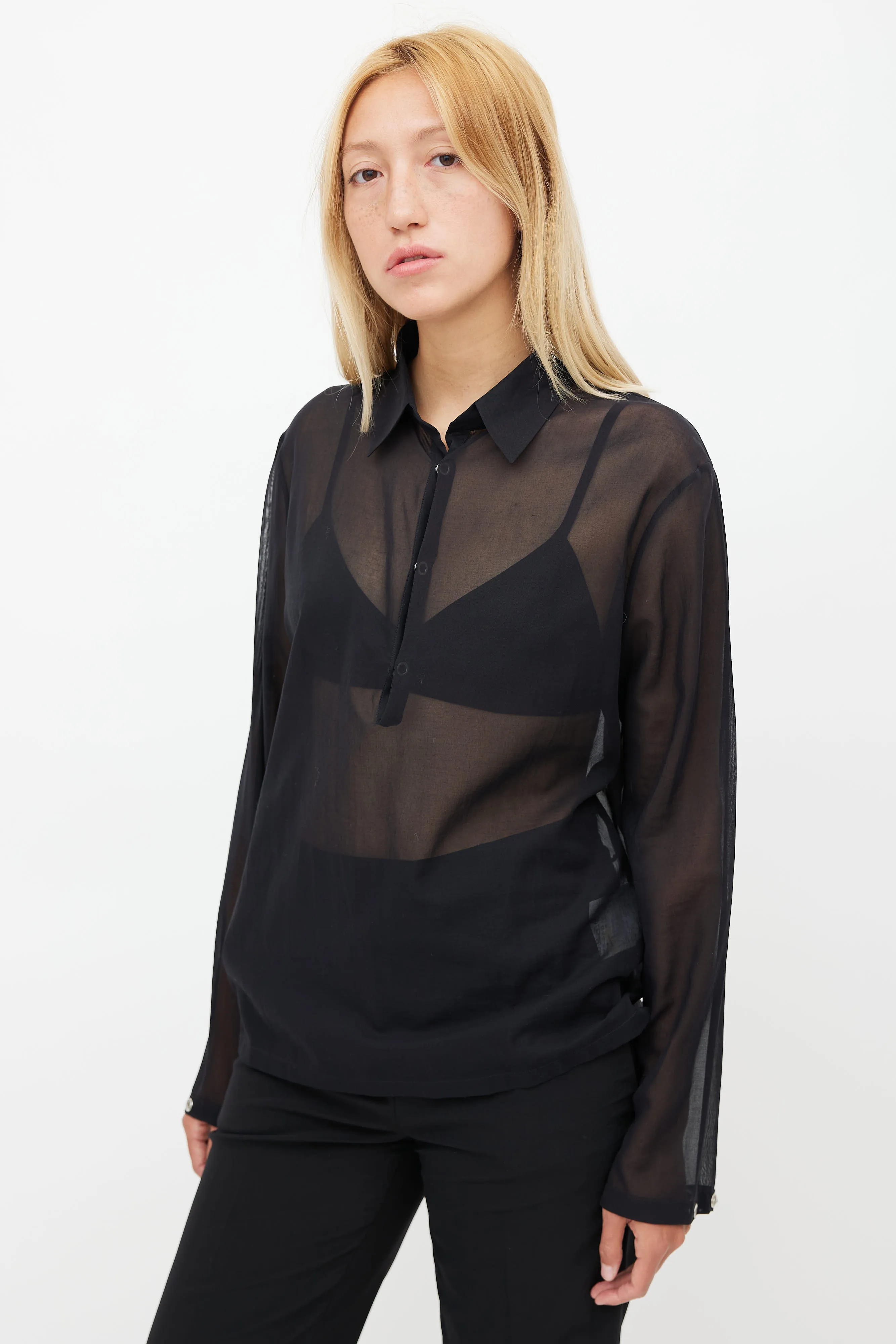 Black Sheer Half Button Shirt