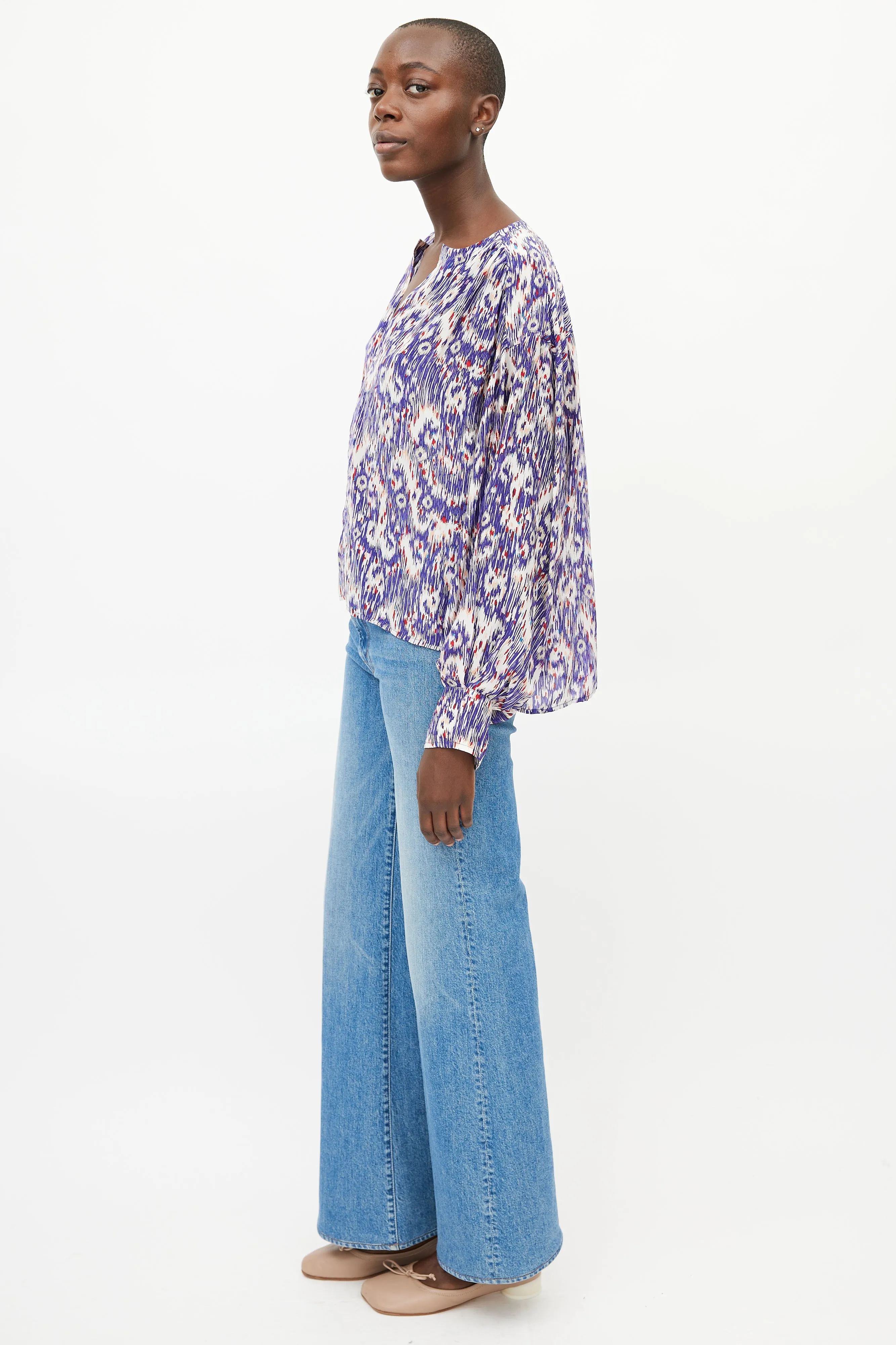 Blue & Multicolour Print Silk Top