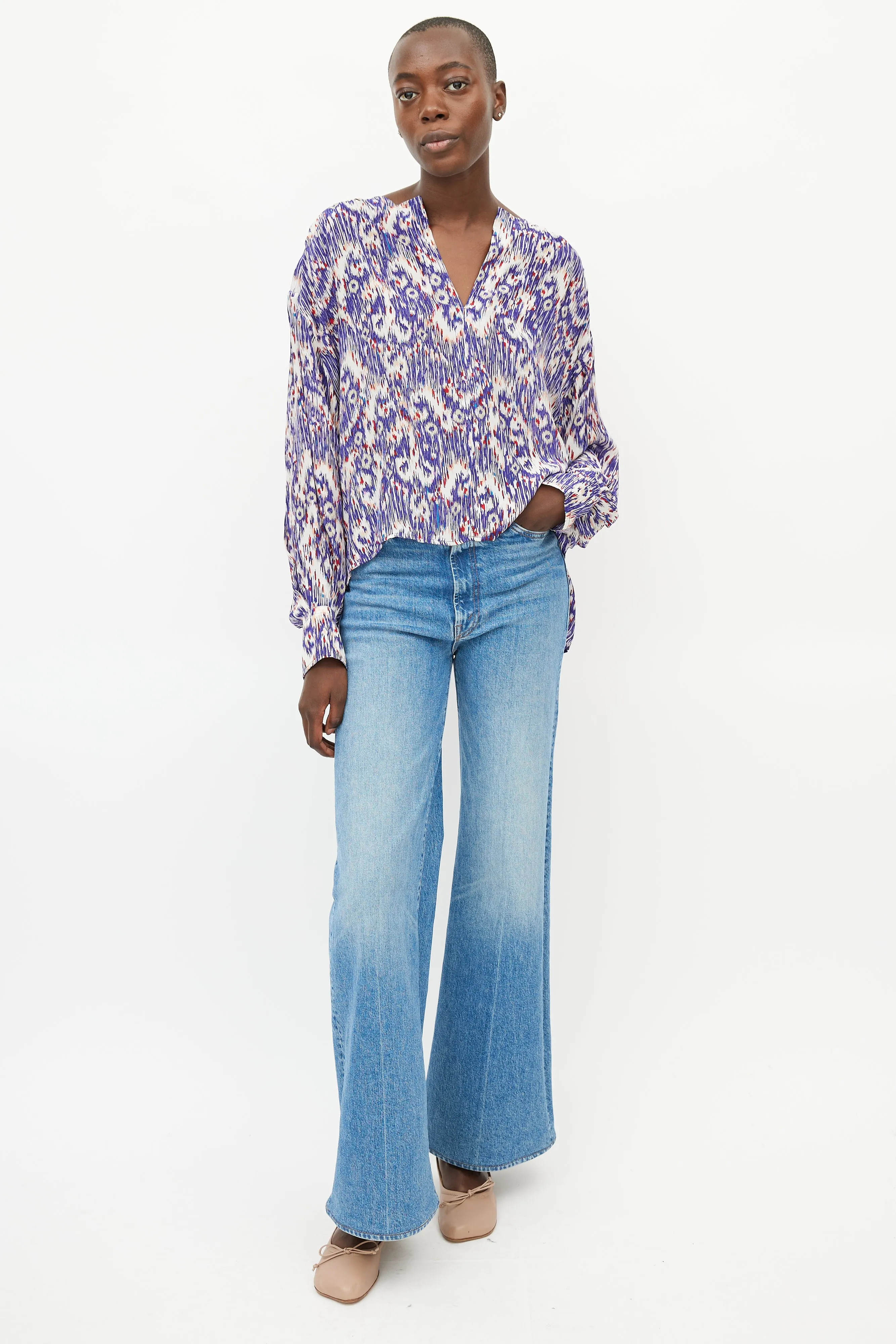 Blue & Multicolour Print Silk Top