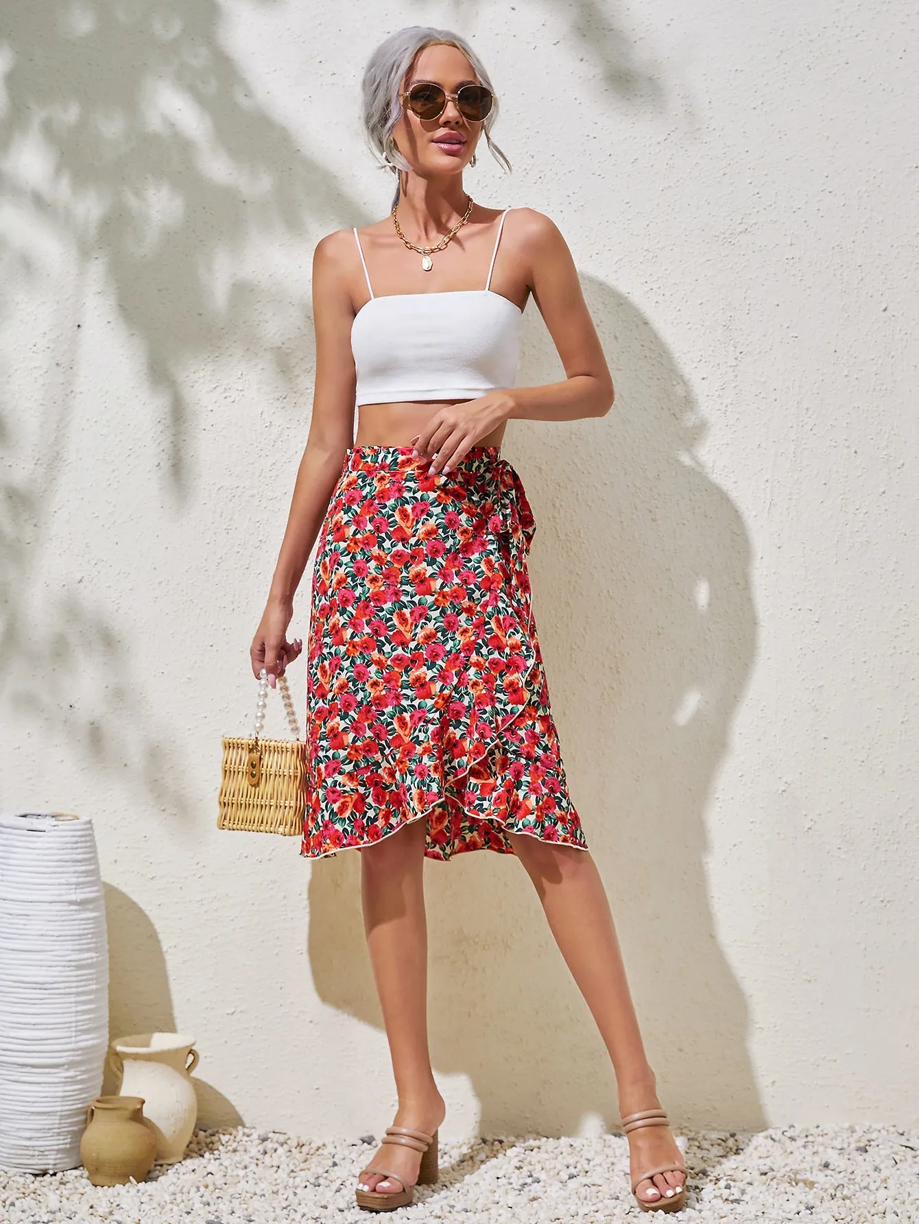 Boho All Over Print Belted High Waist Knee Length Women Skirt