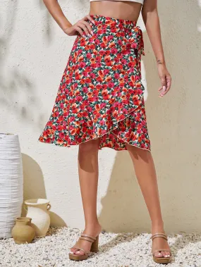 Boho All Over Print Belted High Waist Knee Length Women Skirt