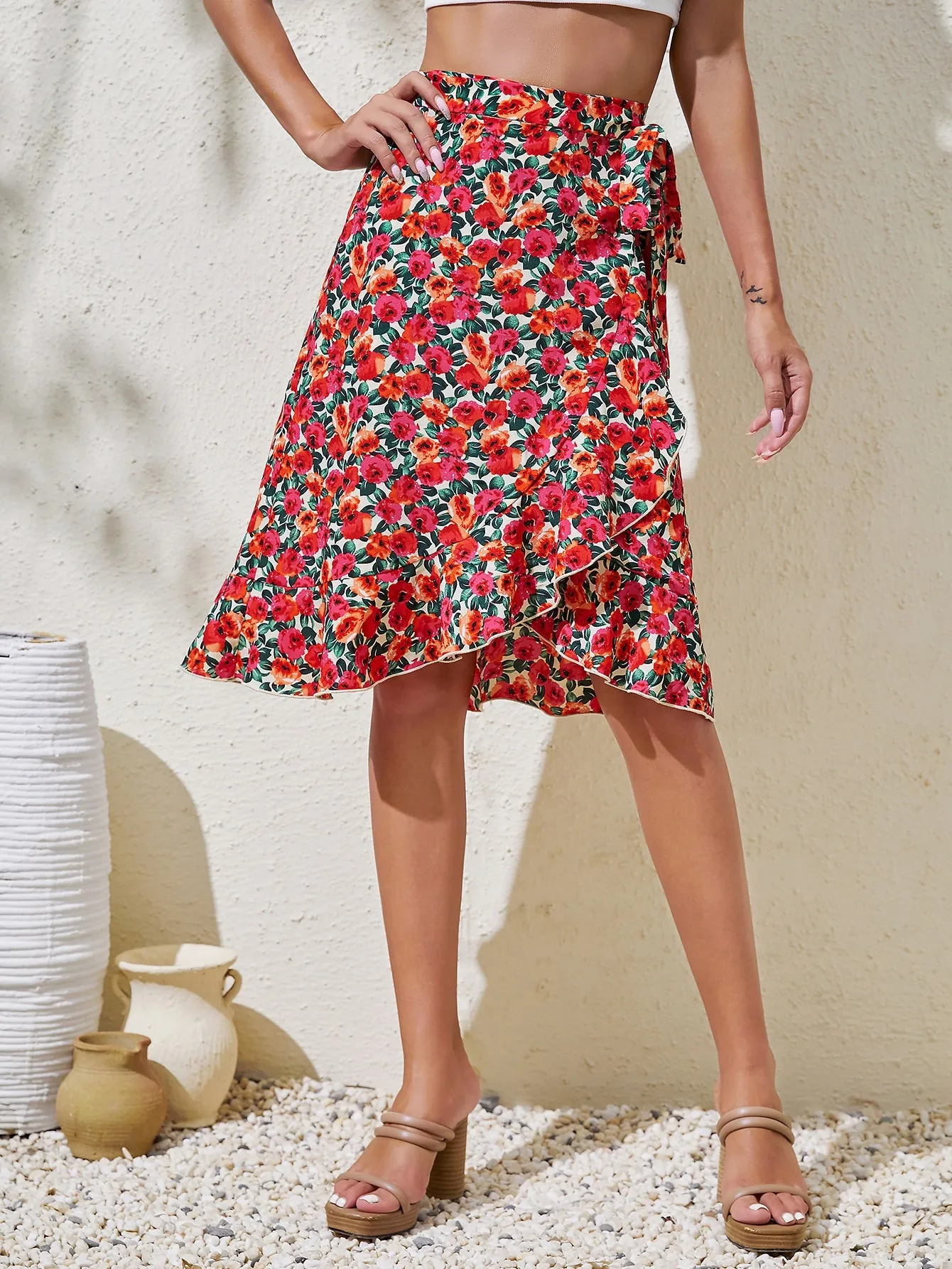 Boho All Over Print Belted High Waist Knee Length Women Skirt