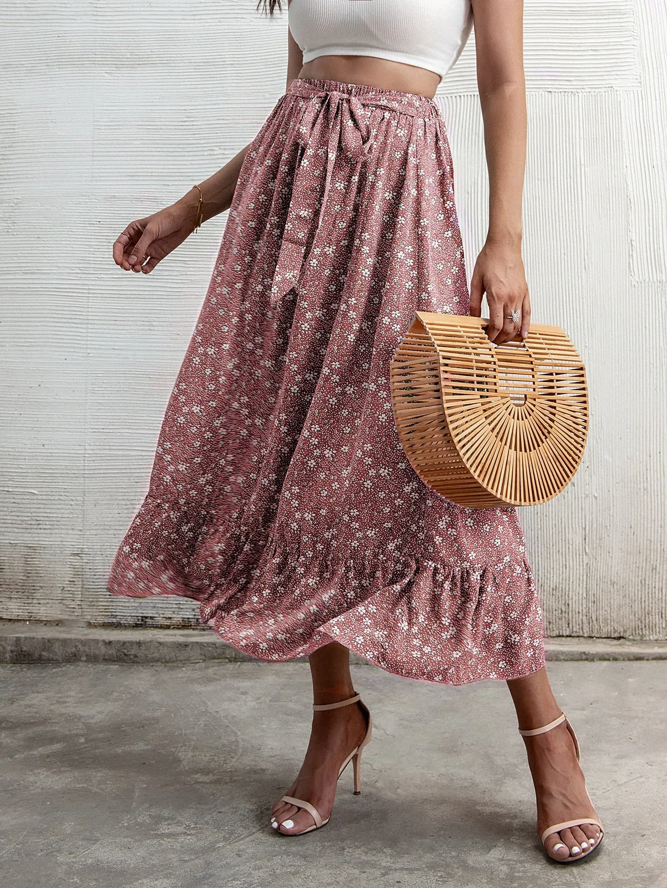 Boho Ditsy Floral Ruffle Hem High Waist Long Women Skirt