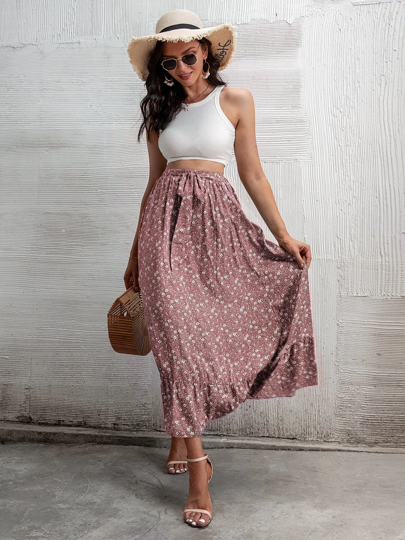 Boho Ditsy Floral Ruffle Hem High Waist Long Women Skirt