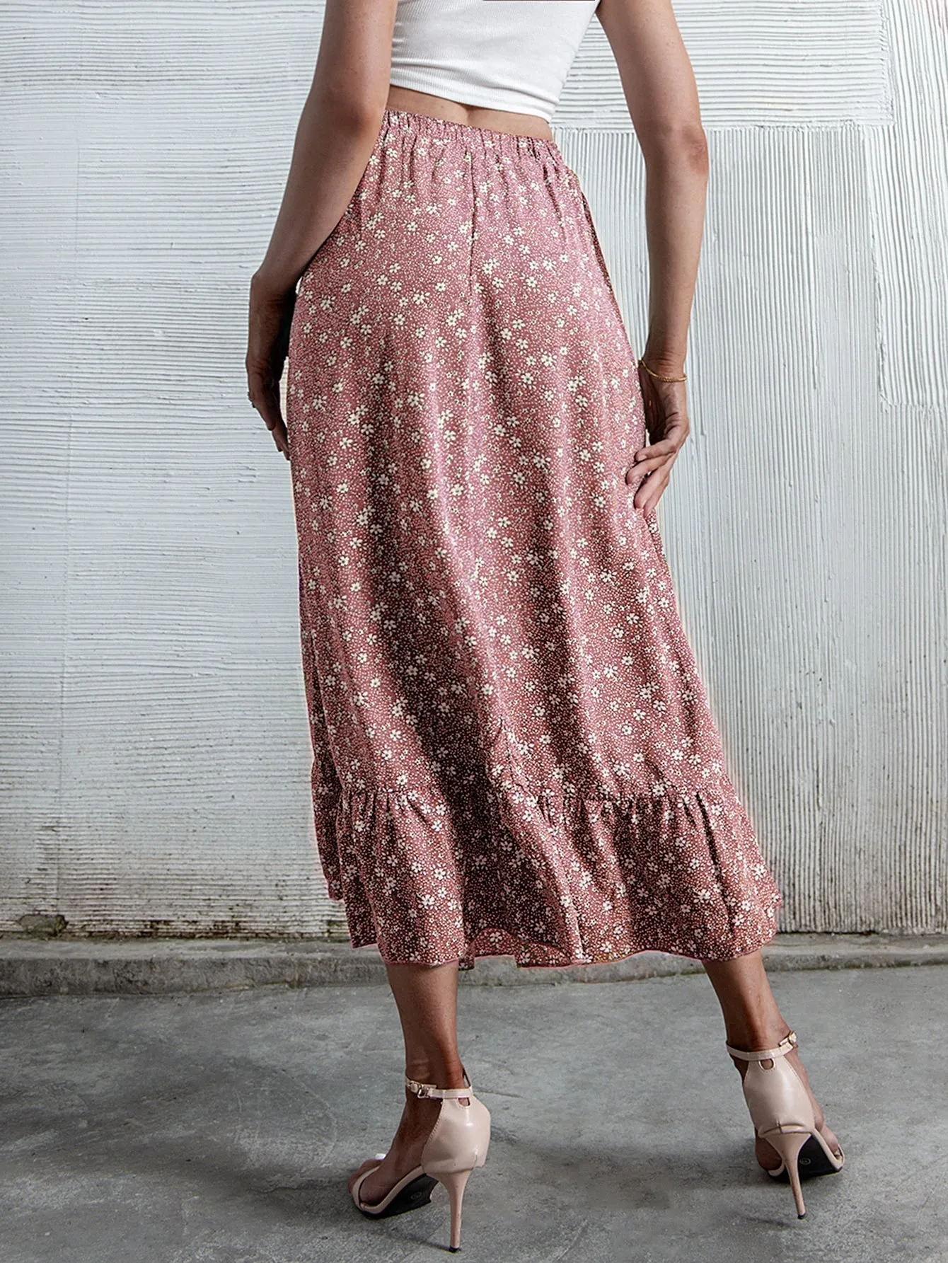Boho Ditsy Floral Ruffle Hem High Waist Long Women Skirt