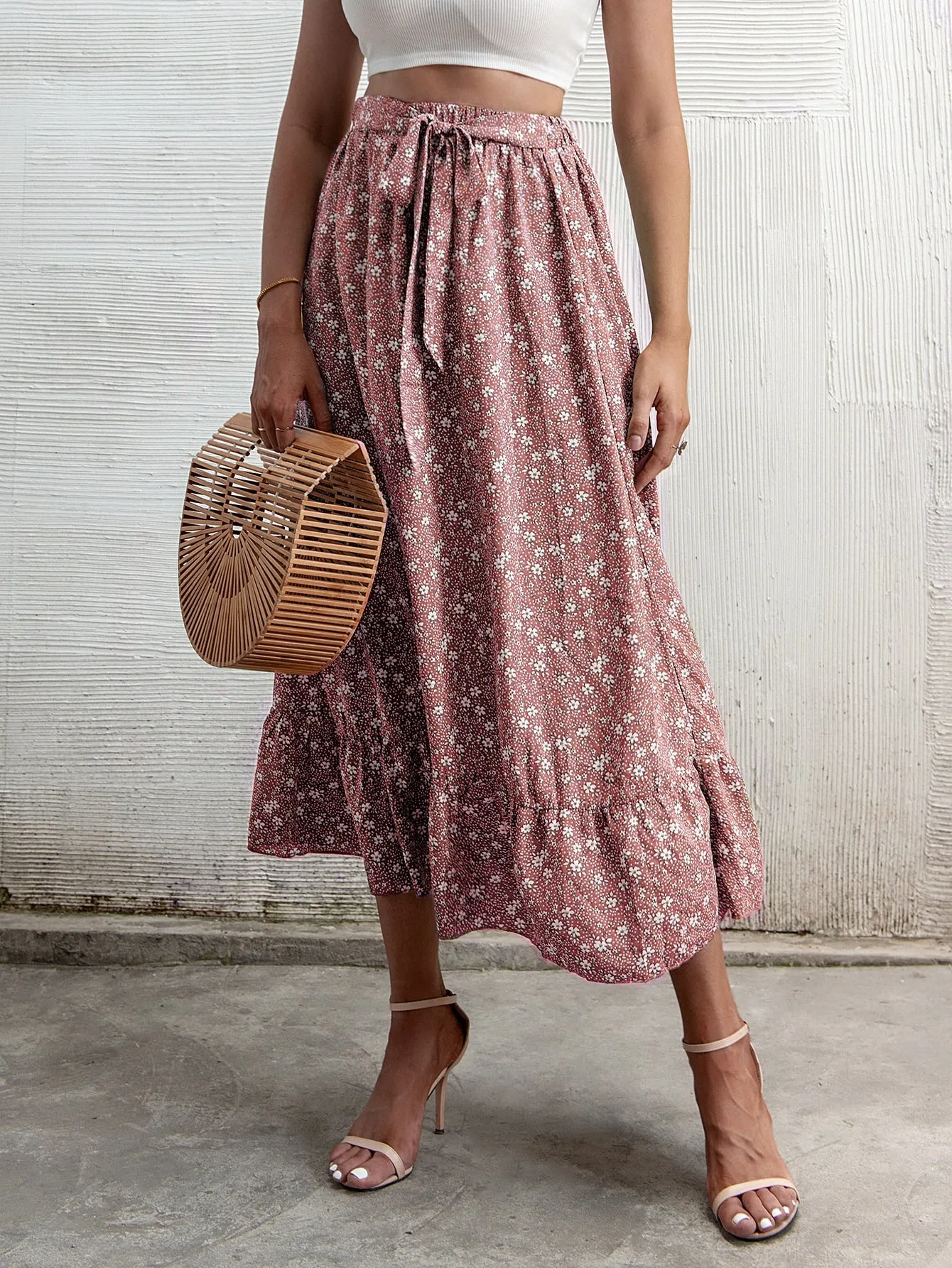 Boho Ditsy Floral Ruffle Hem High Waist Long Women Skirt
