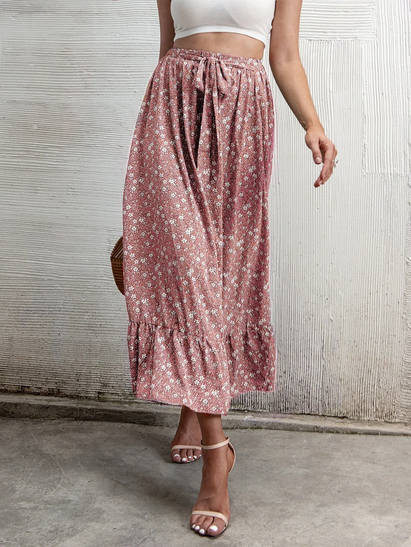 Boho Ditsy Floral Ruffle Hem High Waist Long Women Skirt