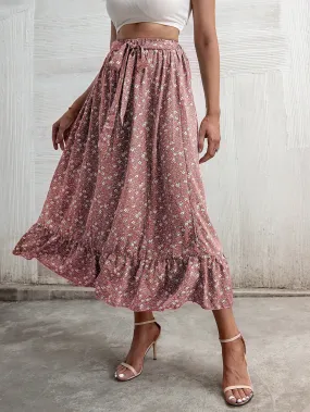 Boho Ditsy Floral Ruffle Hem High Waist Long Women Skirt