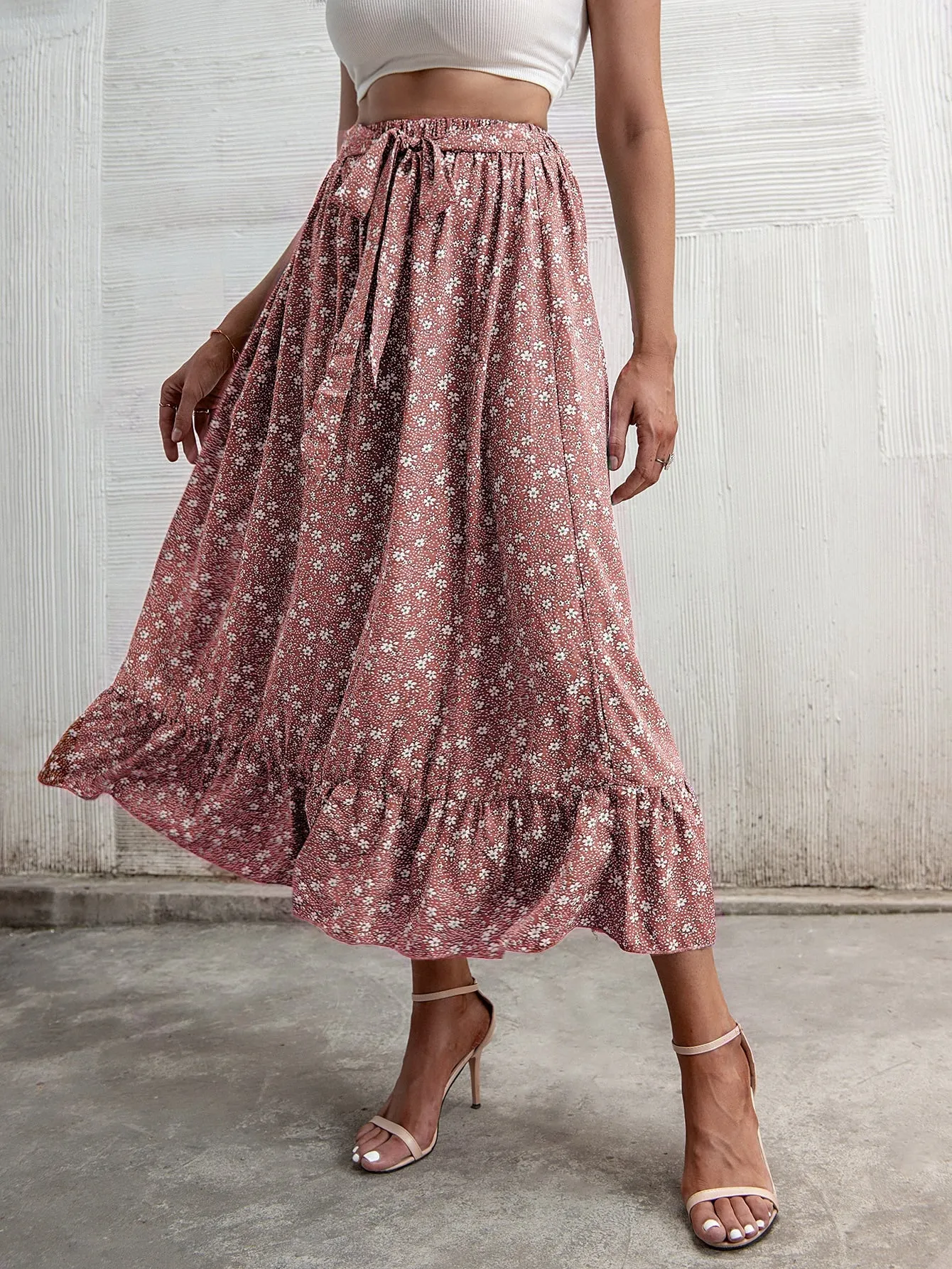 Boho Ditsy Floral Ruffle Hem High Waist Long Women Skirt