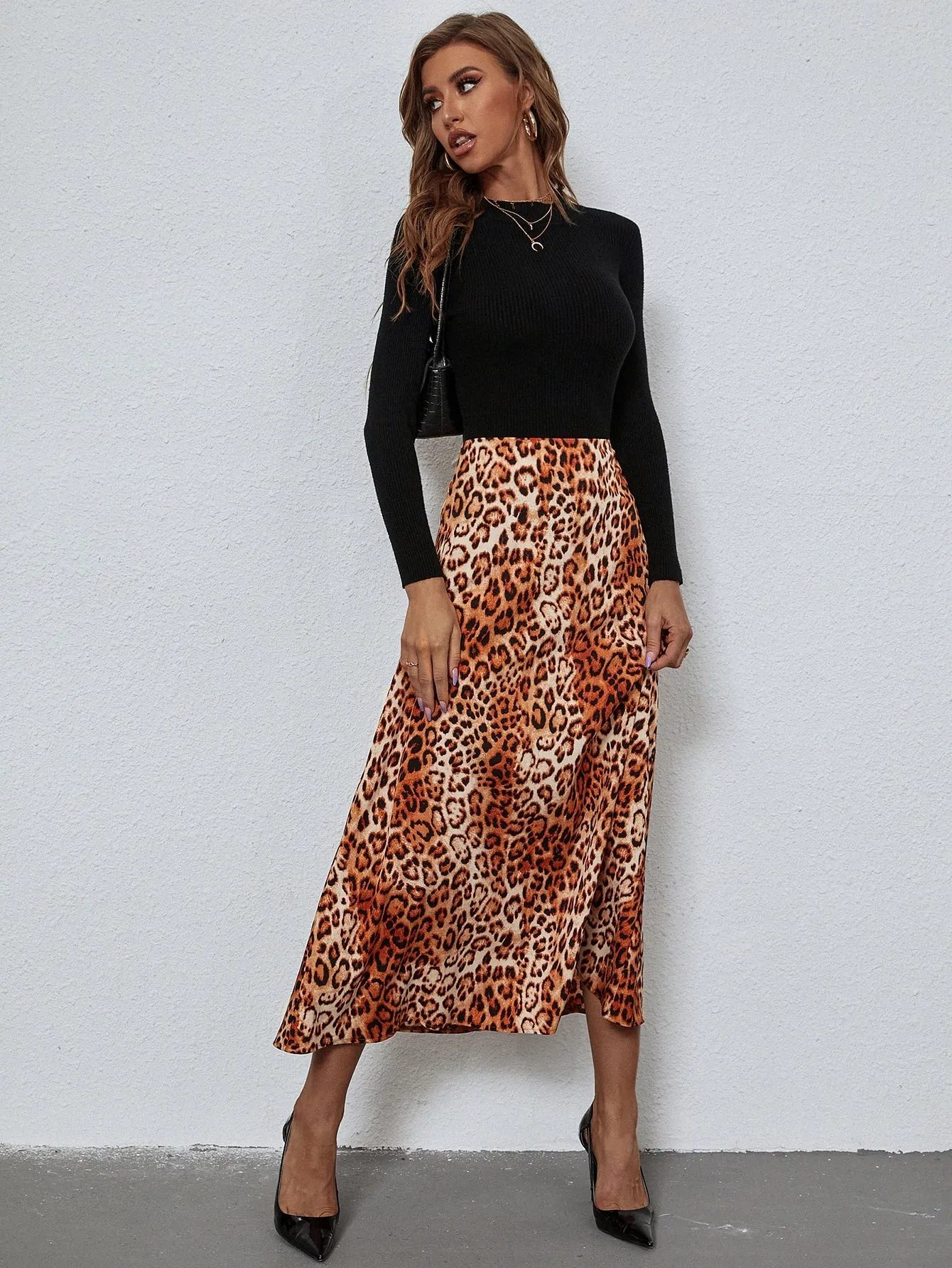 Boho Leopard High Waist Midi Women Skirt