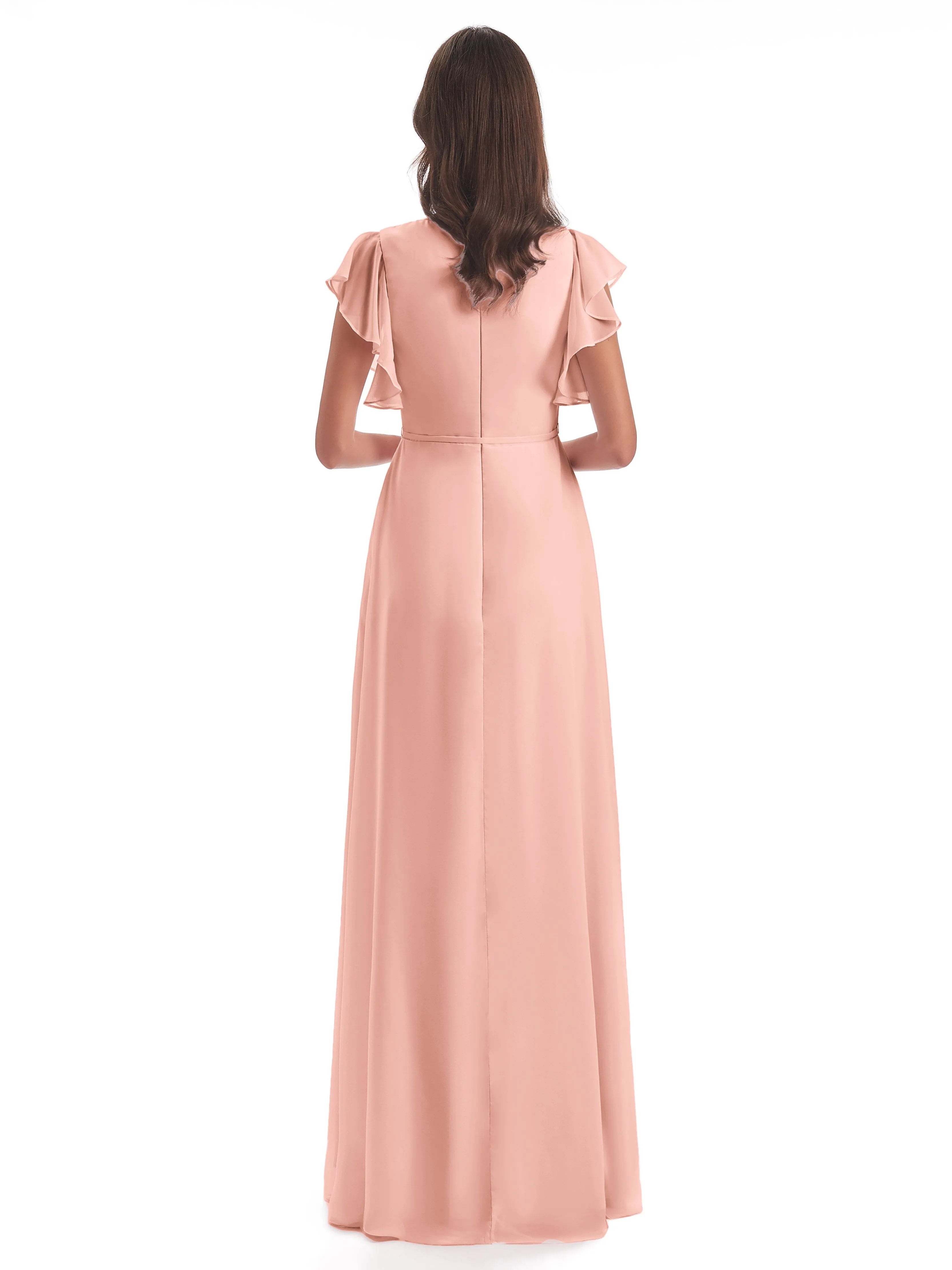 Bridesmaid Dress Coral Hope Charming V Neck Long Chiffon Bridesmaid Dresses