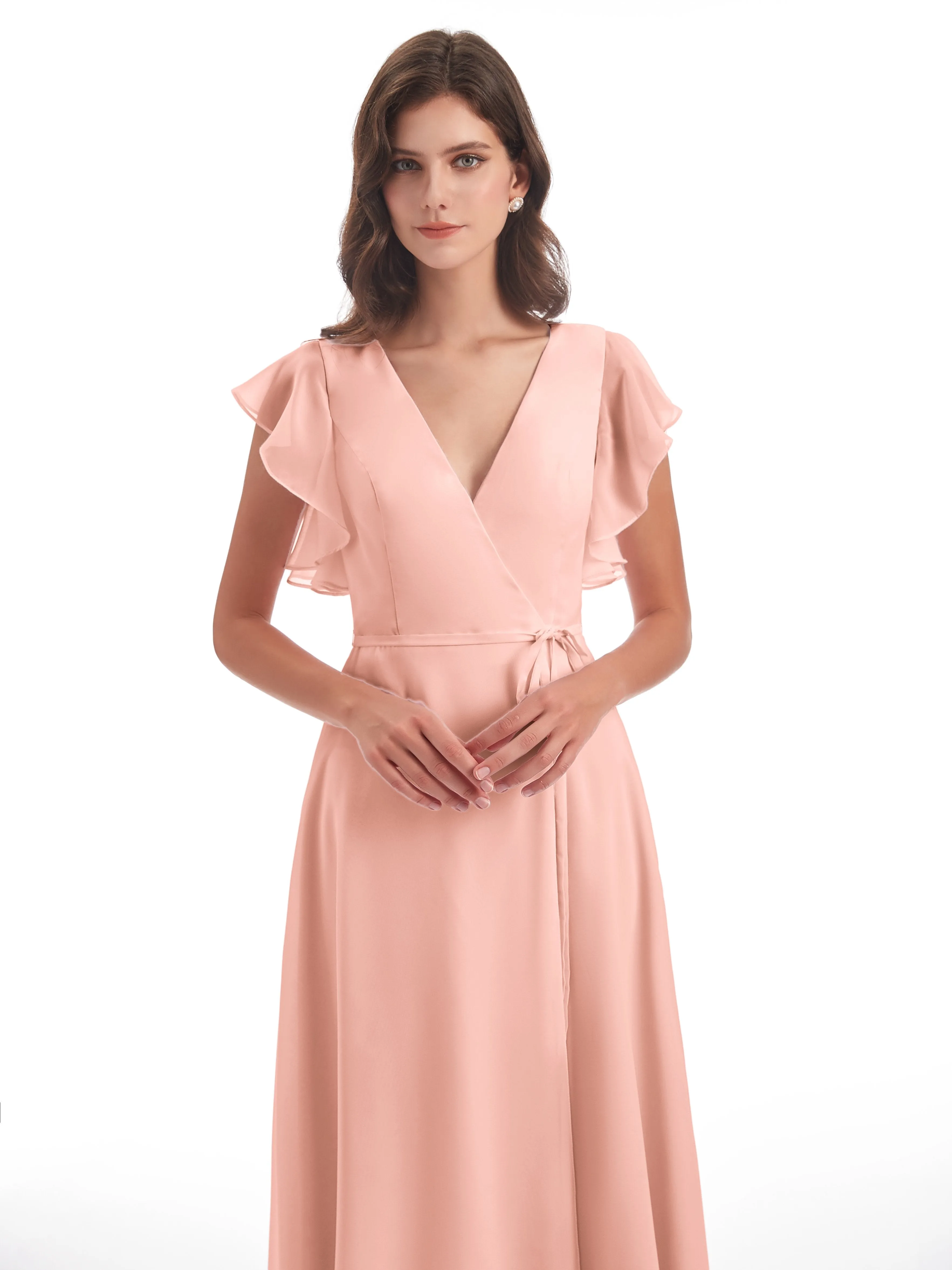 Bridesmaid Dress Coral Hope Charming V Neck Long Chiffon Bridesmaid Dresses