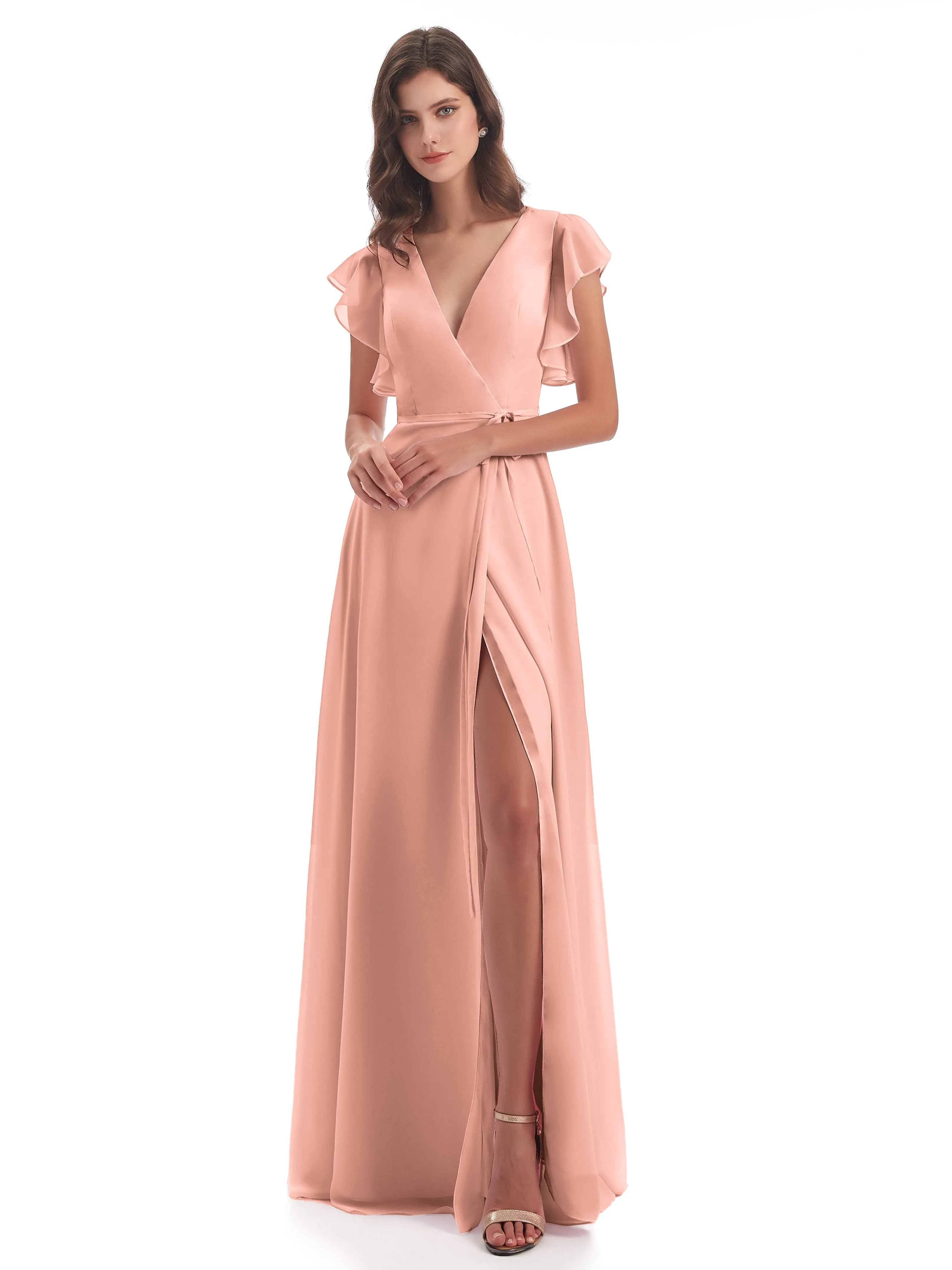 Bridesmaid Dress Coral Hope Charming V Neck Long Chiffon Bridesmaid Dresses
