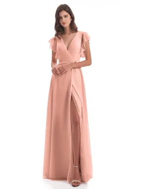 Bridesmaid Dress Coral Hope Charming V Neck Long Chiffon Bridesmaid Dresses