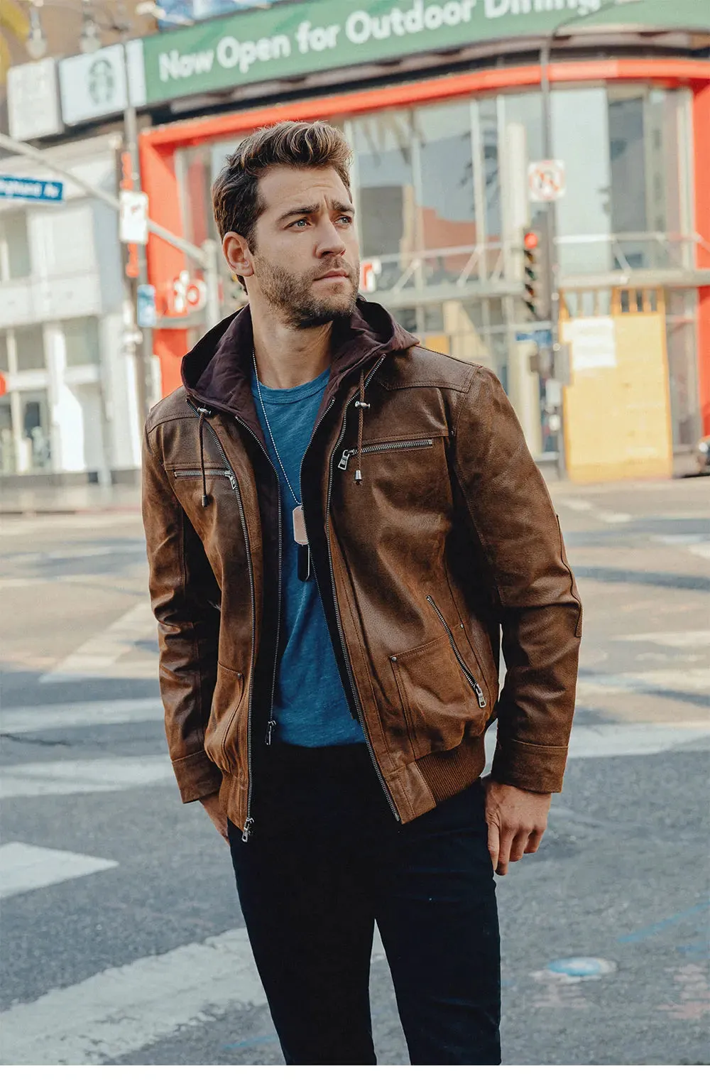 Brown Leather Jacket Genuine Leather Men Motorcycle With Removable Hood Warm For Men