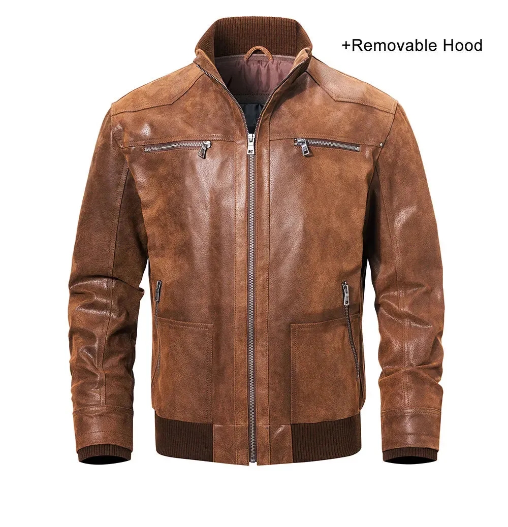 Brown Leather Jacket Genuine Leather Men Motorcycle With Removable Hood Warm For Men